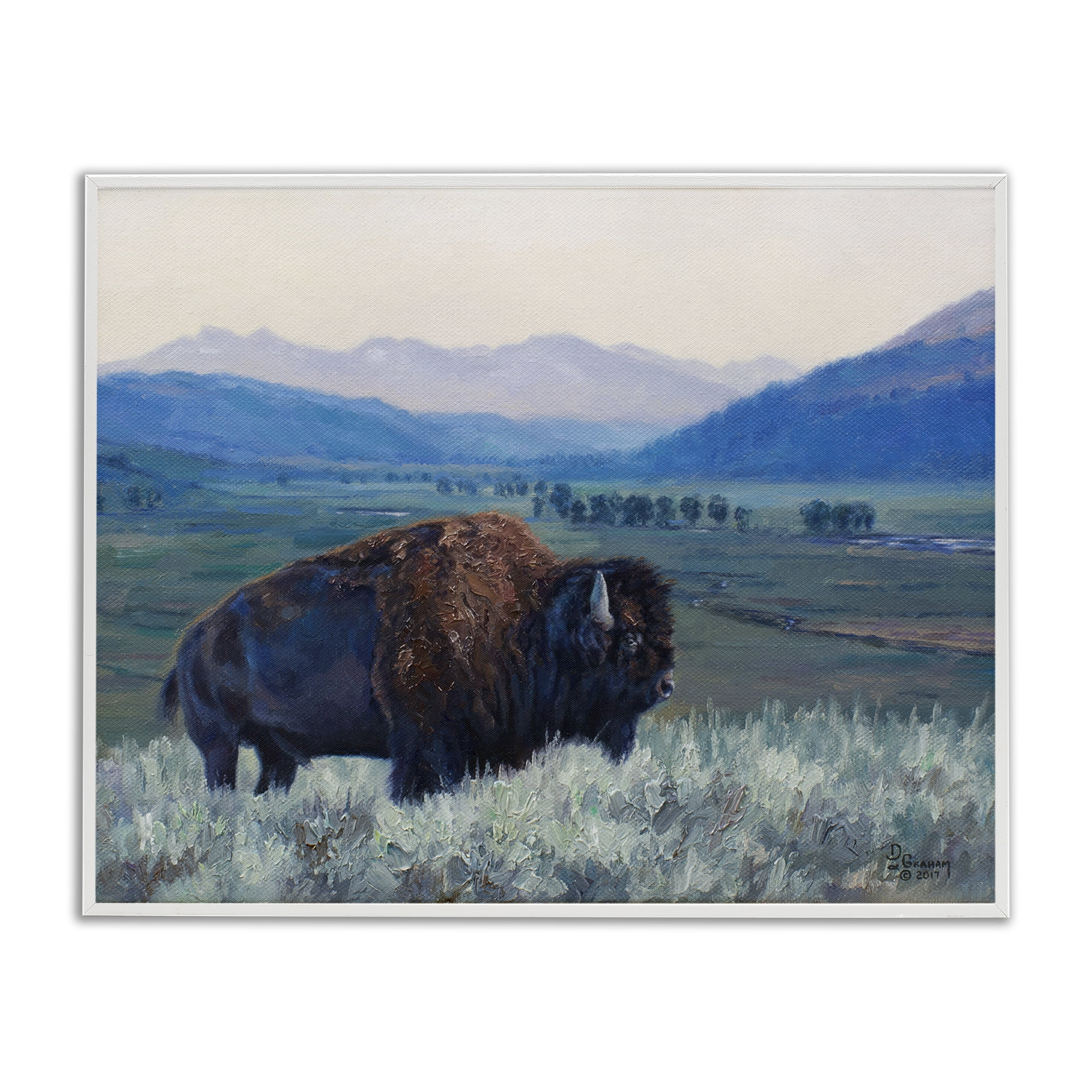 Stupell Industries Bison & Country Mountains Animals & Insects Painting White Framed Art Print Wall Art, 14 x 11