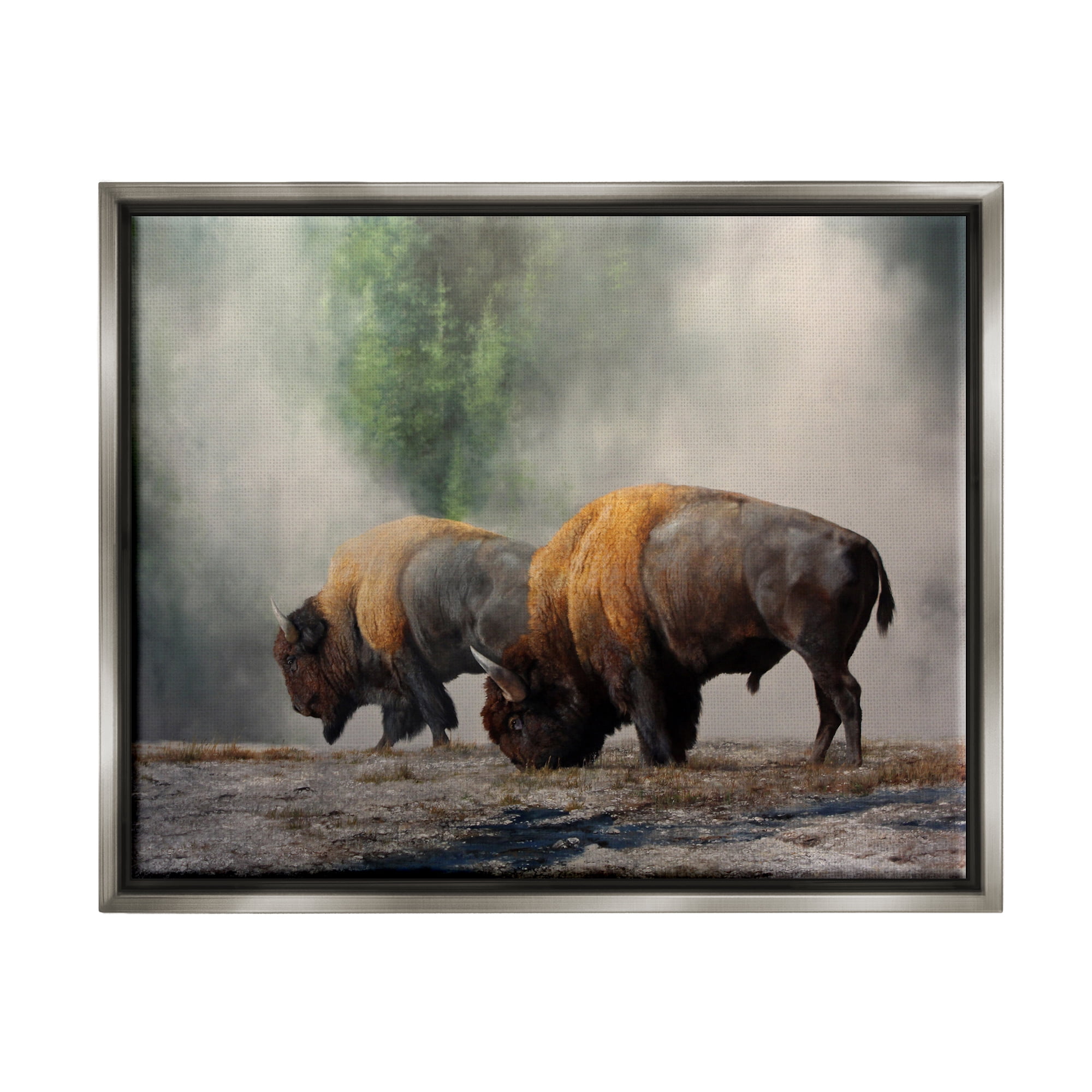 Stupell Industries Bison Duo Grazing Foggy Nature Animals & Insects Painting Gray Floater Framed Art Print Wall Art