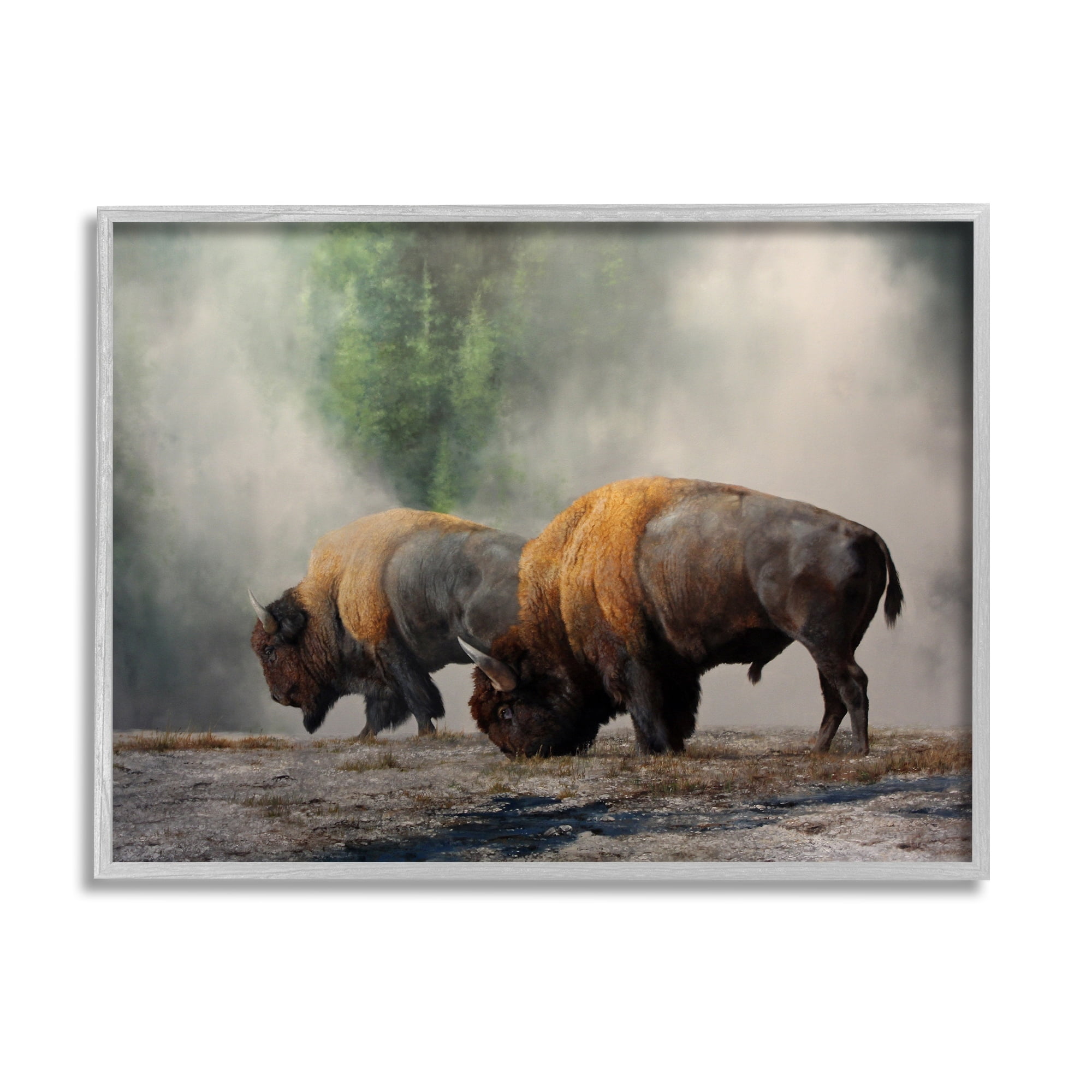 Stupell Industries Bison Duo Grazing Foggy Nature Animals & Insects Painting Gray Framed Art Print Wall Art