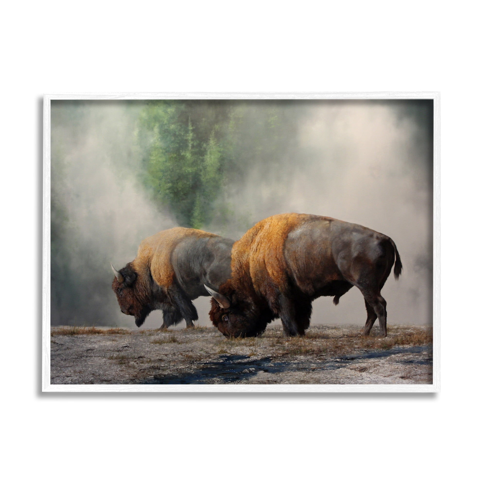 Stupell Industries Bison Duo Grazing Foggy Nature Animals & Insects Painting White Framed Art Print Wall Art