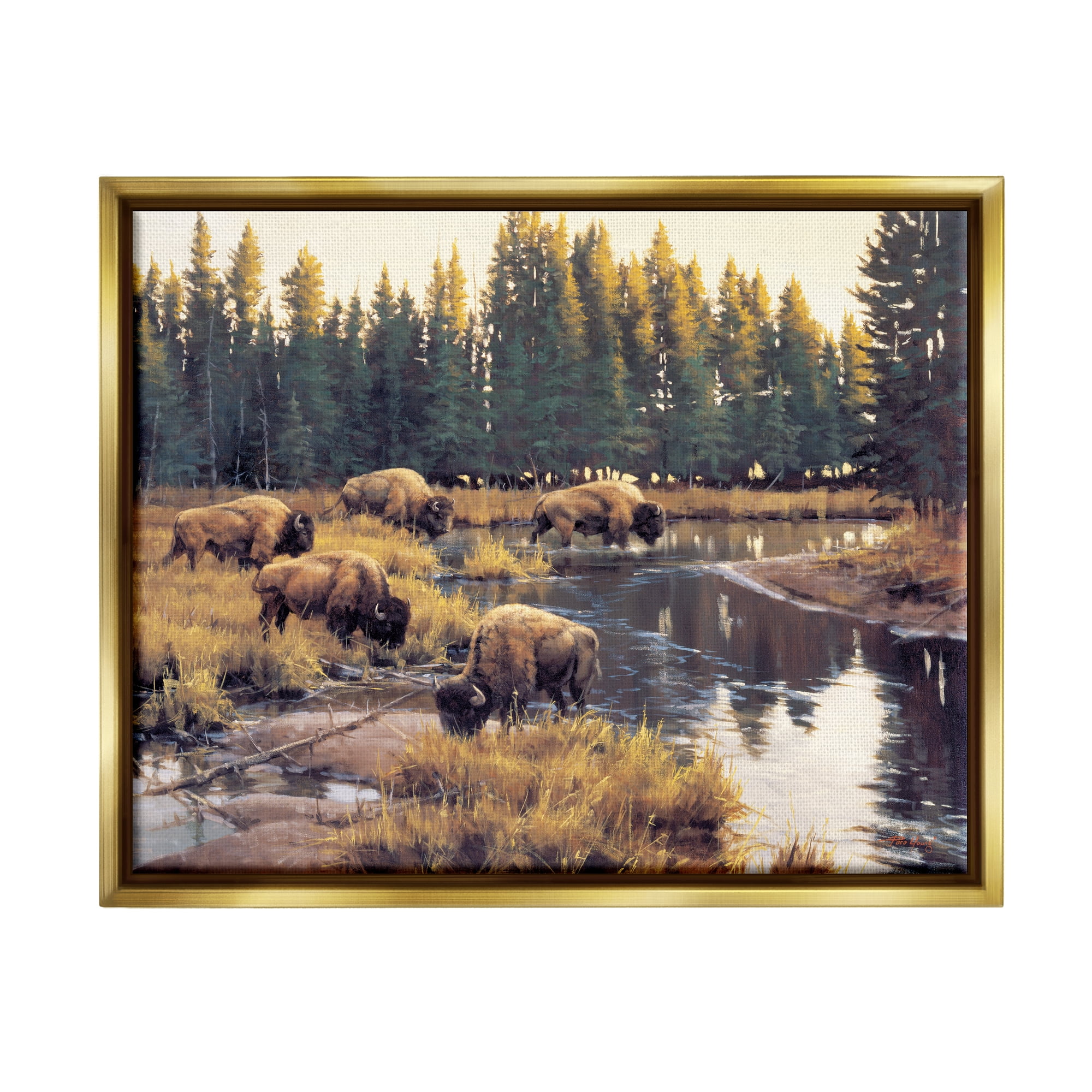 Stupell Industries Bison Grazing Along Stream Animals & Insects Painting Gold Floater Framed Art Print Wall Art