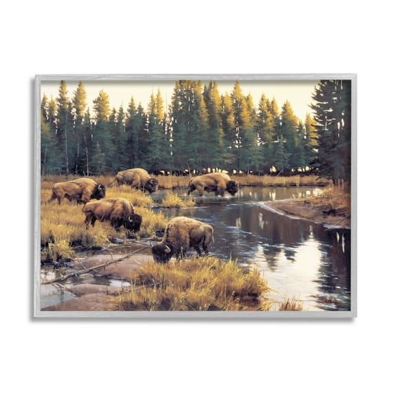 Stupell Industries Bison Grazing Along Stream Animals & Insects Painting Gray Framed Art Print Wall Art