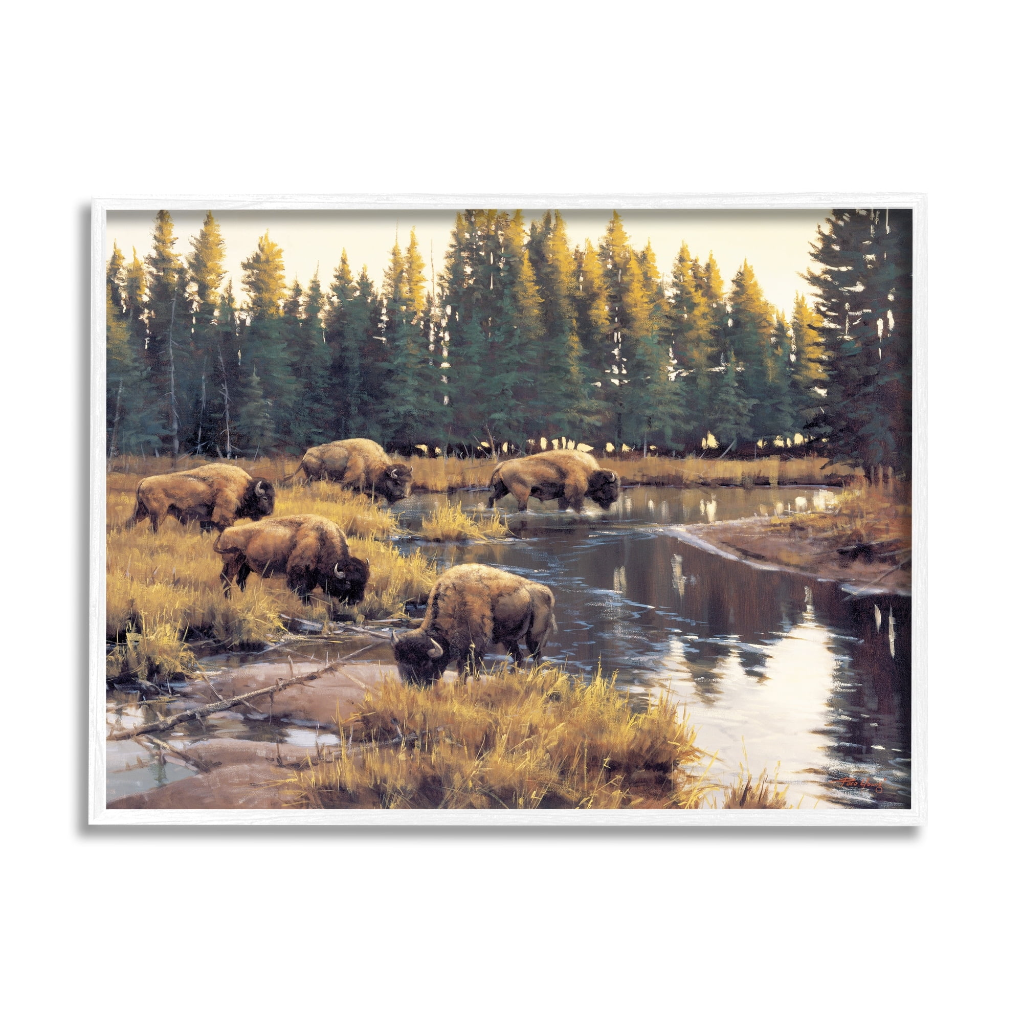 Stupell Industries Bison Grazing Along Stream Animals & Insects Painting White Framed Art Print Wall Art