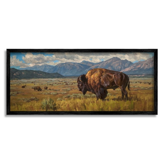 Stupell Industries Bison Grazing in Valley Animals & Insects Painting Black Framed Art Print Wall Art, 24 x 10