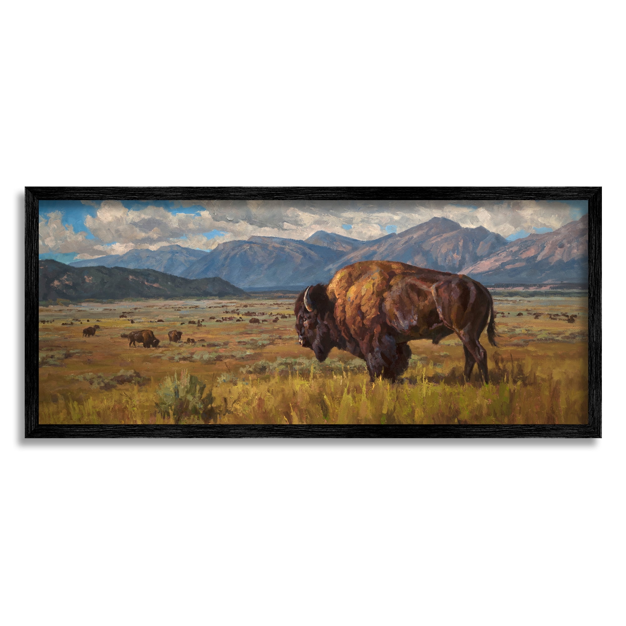 Stupell Industries Bison Grazing in Valley Animals & Insects Painting Black Framed Art Print Wall Art, 30 x 13