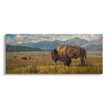 Stupell Industries Bison Grazing in Valley Animals & Insects Painting Gallery Wrapped Canvas Print Wall Art, 24 x 10