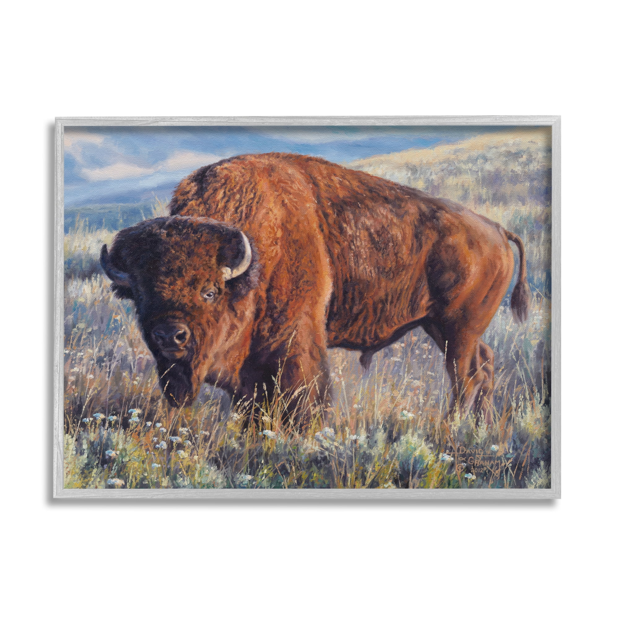 Stupell Industries Bison Grazing on Prairie Animals & Insects Photography Gray Framed Art Print Wall Art, 20 x 16