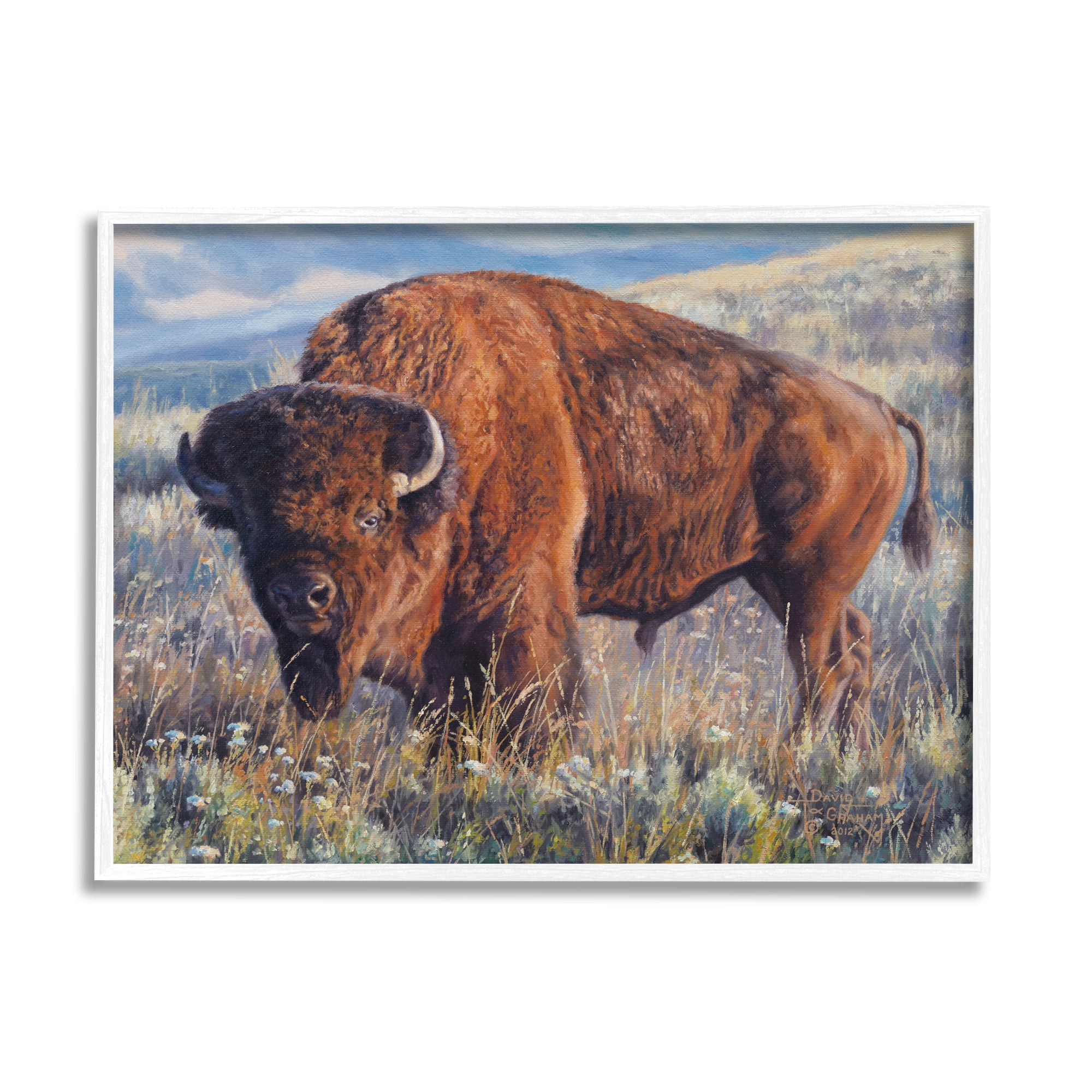 Stupell Industries Bison Grazing on Prairie Animals & Insects Photography White Framed Art Print Wall Art, 30 x 24