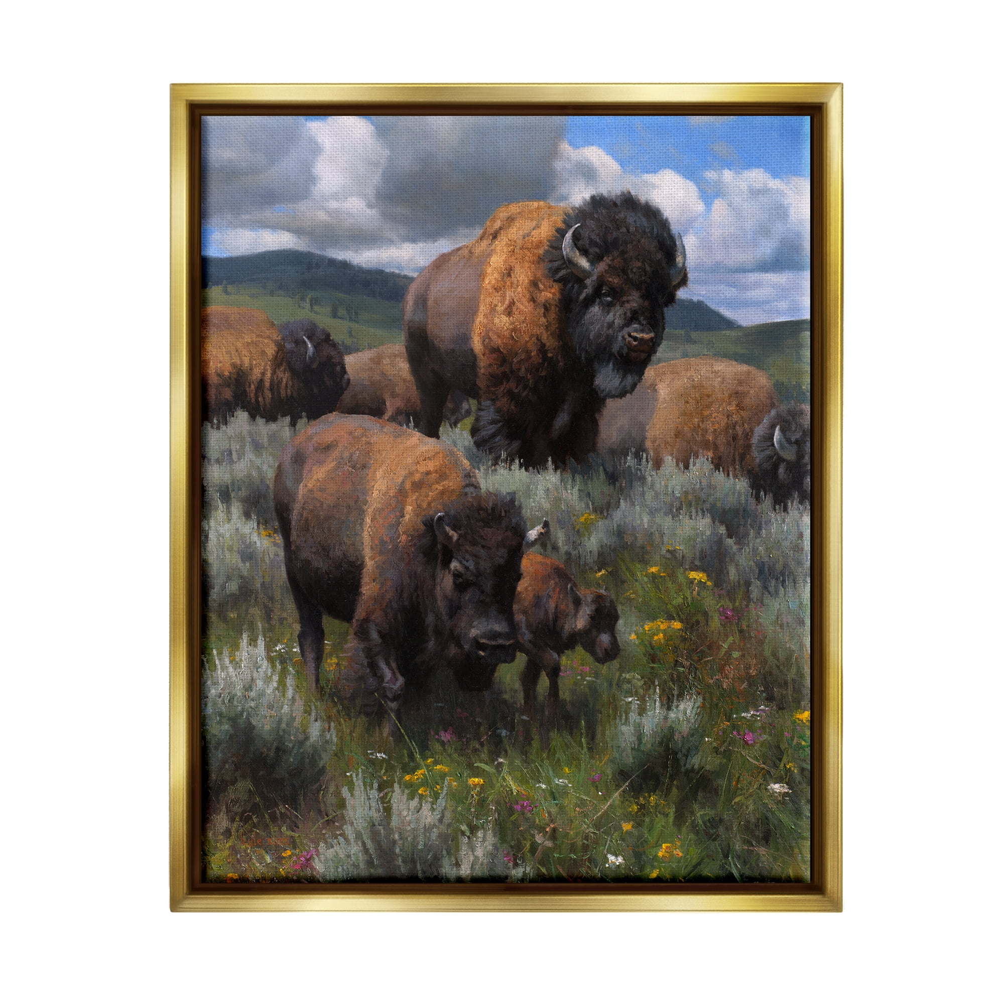 Stupell Industries Bison Herd Rural Landscape Animals & Insects Painting Gold Floater Framed Art Print Wall Art, 17 x 21