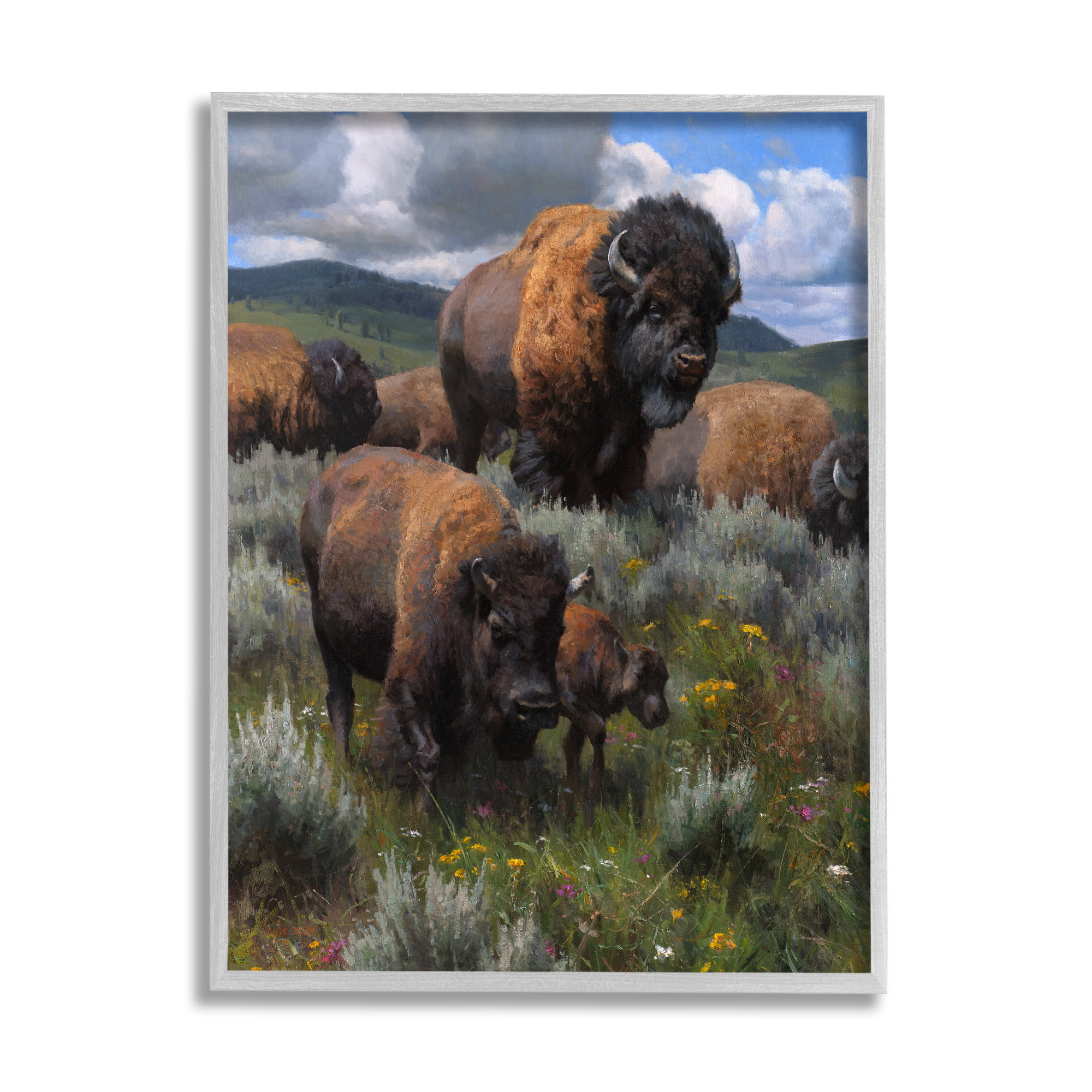 Stupell Industries Bison Herd Rural Landscape Animals & Insects Painting Gray Framed Art Print Wall Art, 16 x 20
