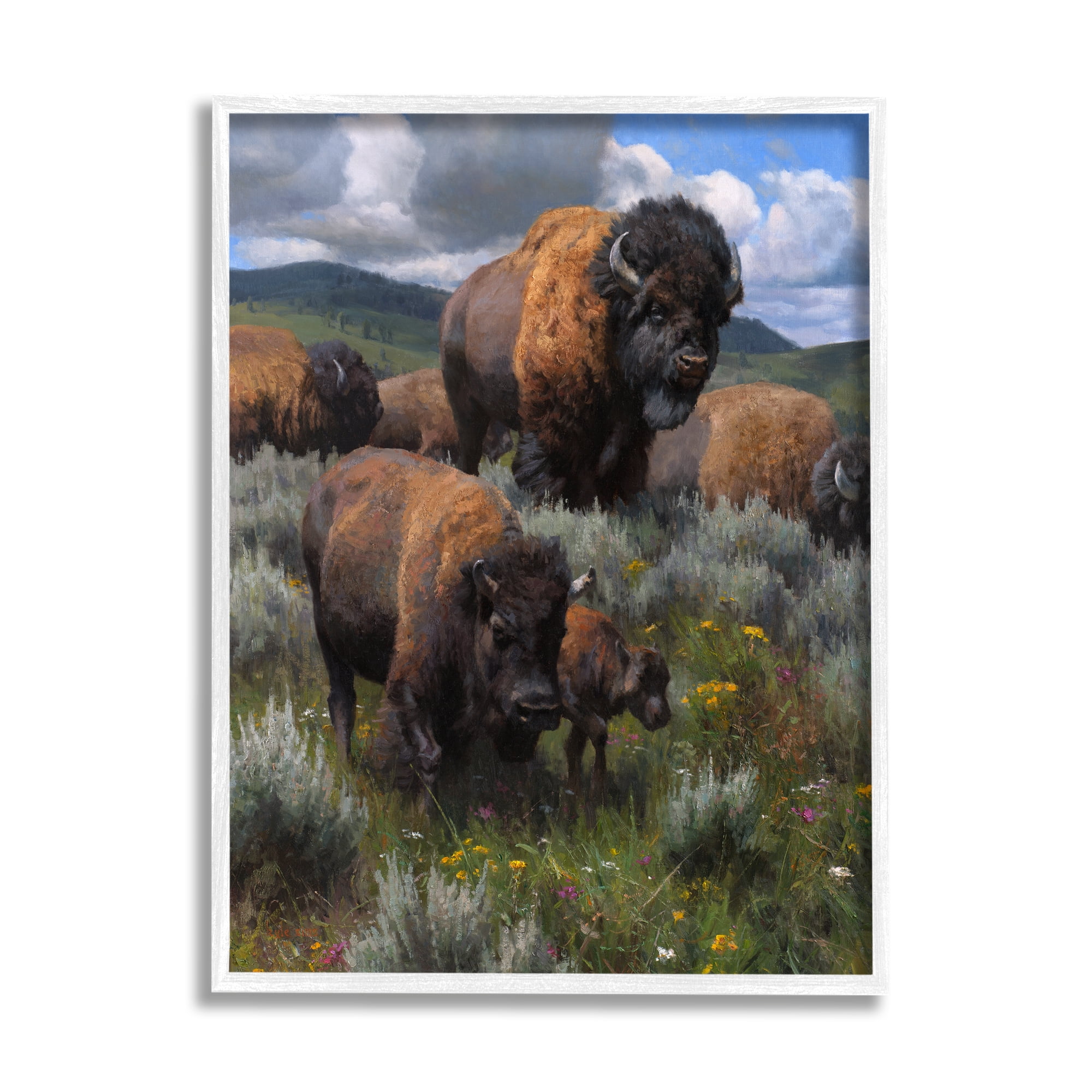 Stupell Industries Bison Herd Rural Landscape Animals & Insects Painting White Framed Art Print Wall Art, 11 x 14