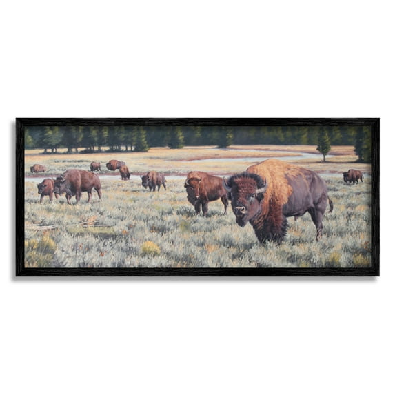 Stupell Industries Bison Herd Rural Stream Animals & Insects Photography Black Framed Art Print Wall Art, 30 x 13
