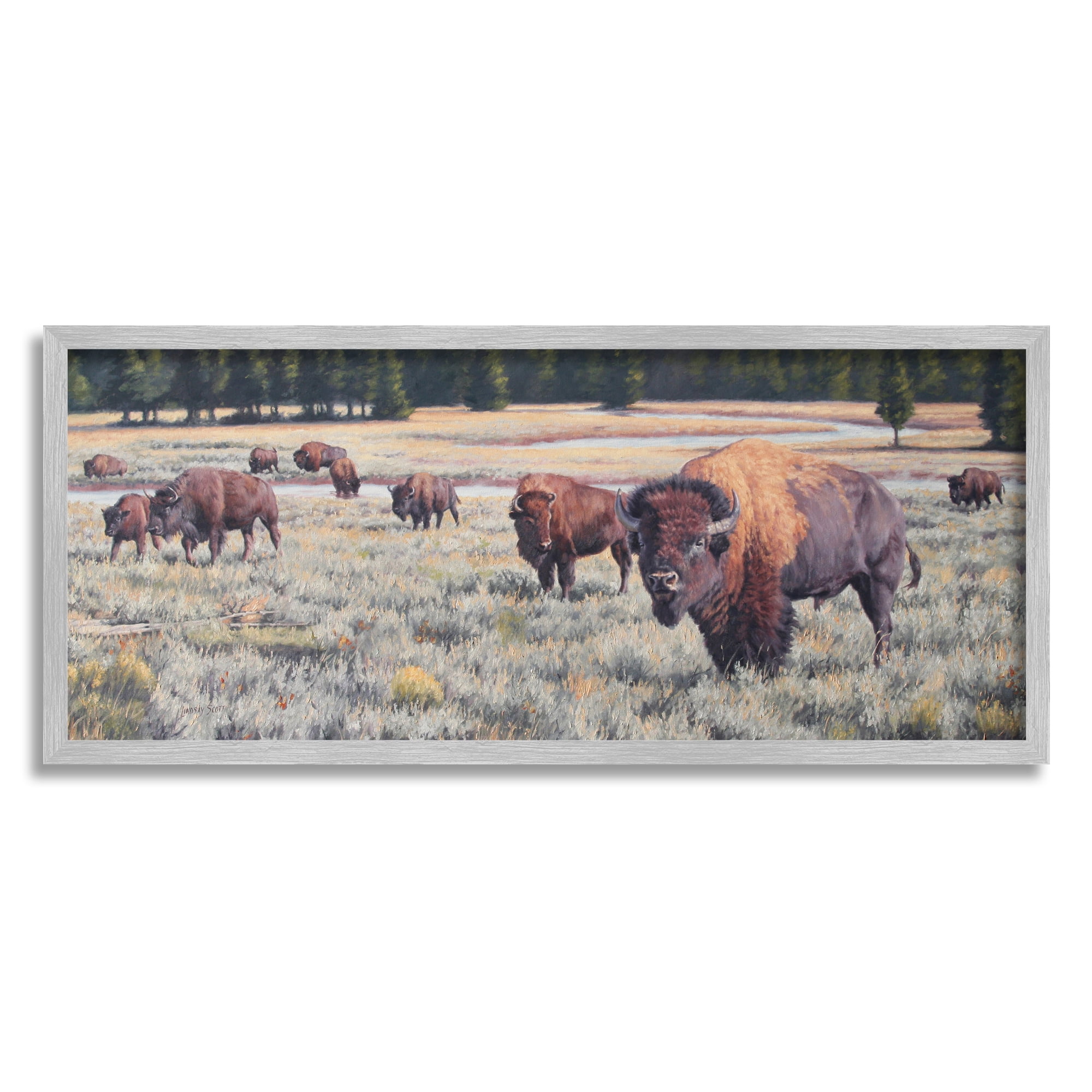Stupell Industries Bison Herd Rural Stream Animals & Insects Photography Gray Framed Art Print Wall Art, 30 x 13