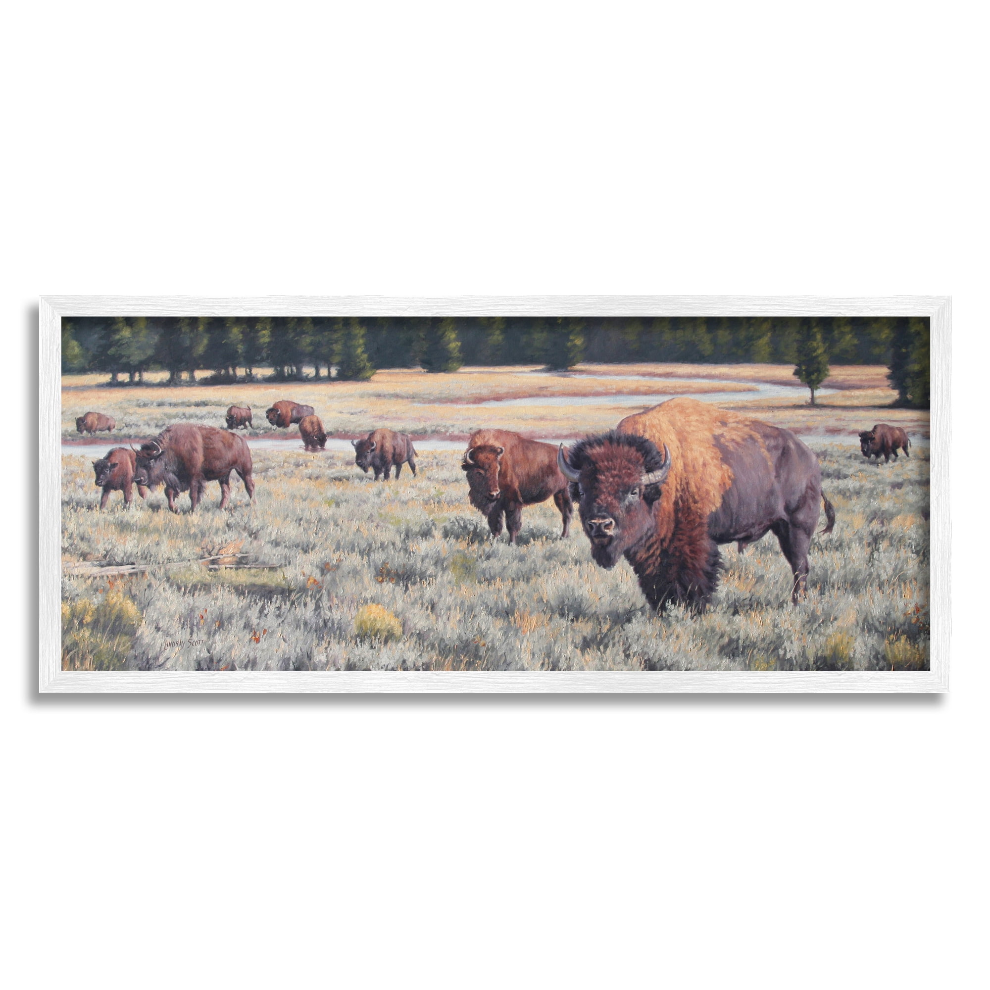 Stupell Industries Bison Herd Rural Stream Animals & Insects Photography White Framed Art Print Wall Art, 30 x 13