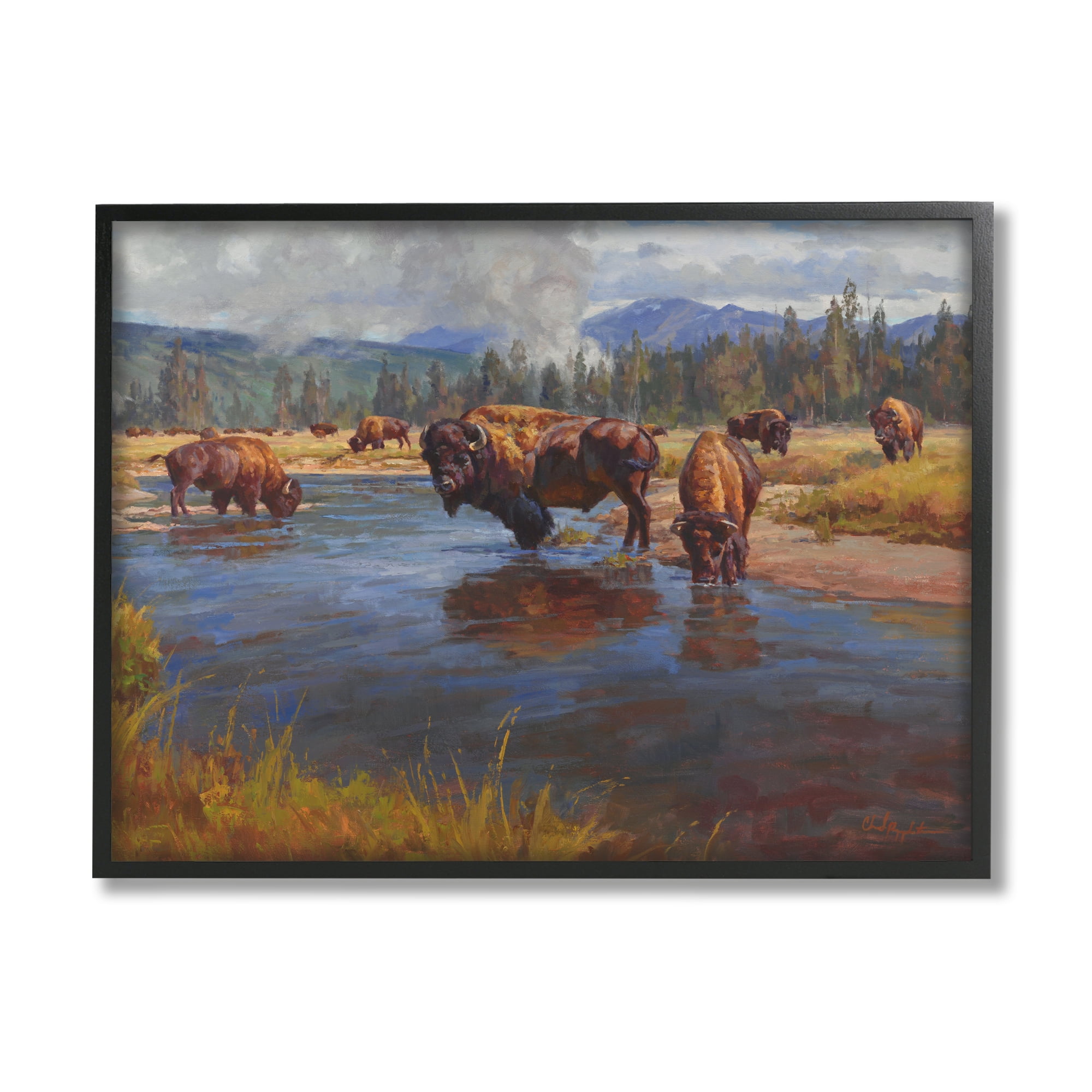 Stupell Industries Bison Herd by River Animals & Insects Painting Black Framed Art Print Wall Art, 30 x 24