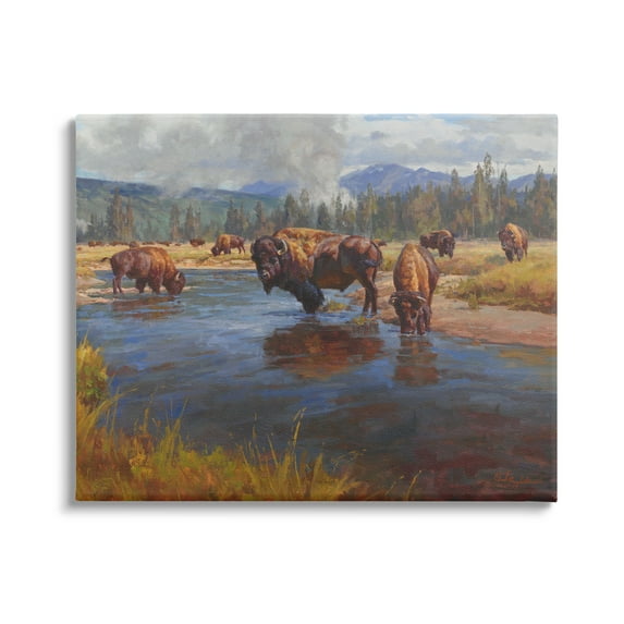 Stupell Industries Bison Herd by River Animals & Insects Painting Gallery Wrapped Canvas Print Wall Art, 48 x 36