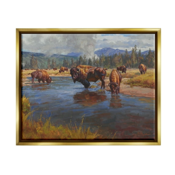 Stupell Industries Bison Herd by River Animals & Insects Painting Gold Floater Framed Art Print Wall Art, 21 x 17