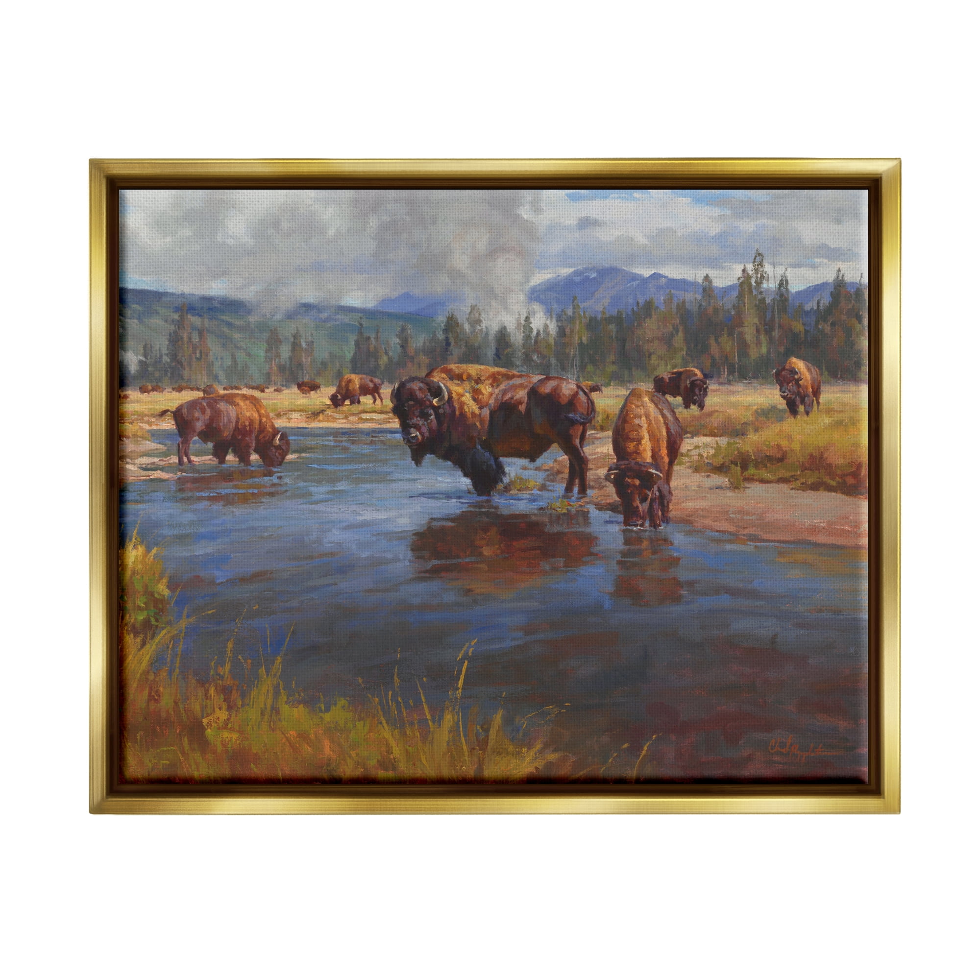 Stupell Industries Bison Herd by River Animals & Insects Painting Gold Floater Framed Art Print Wall Art, 31 x 25