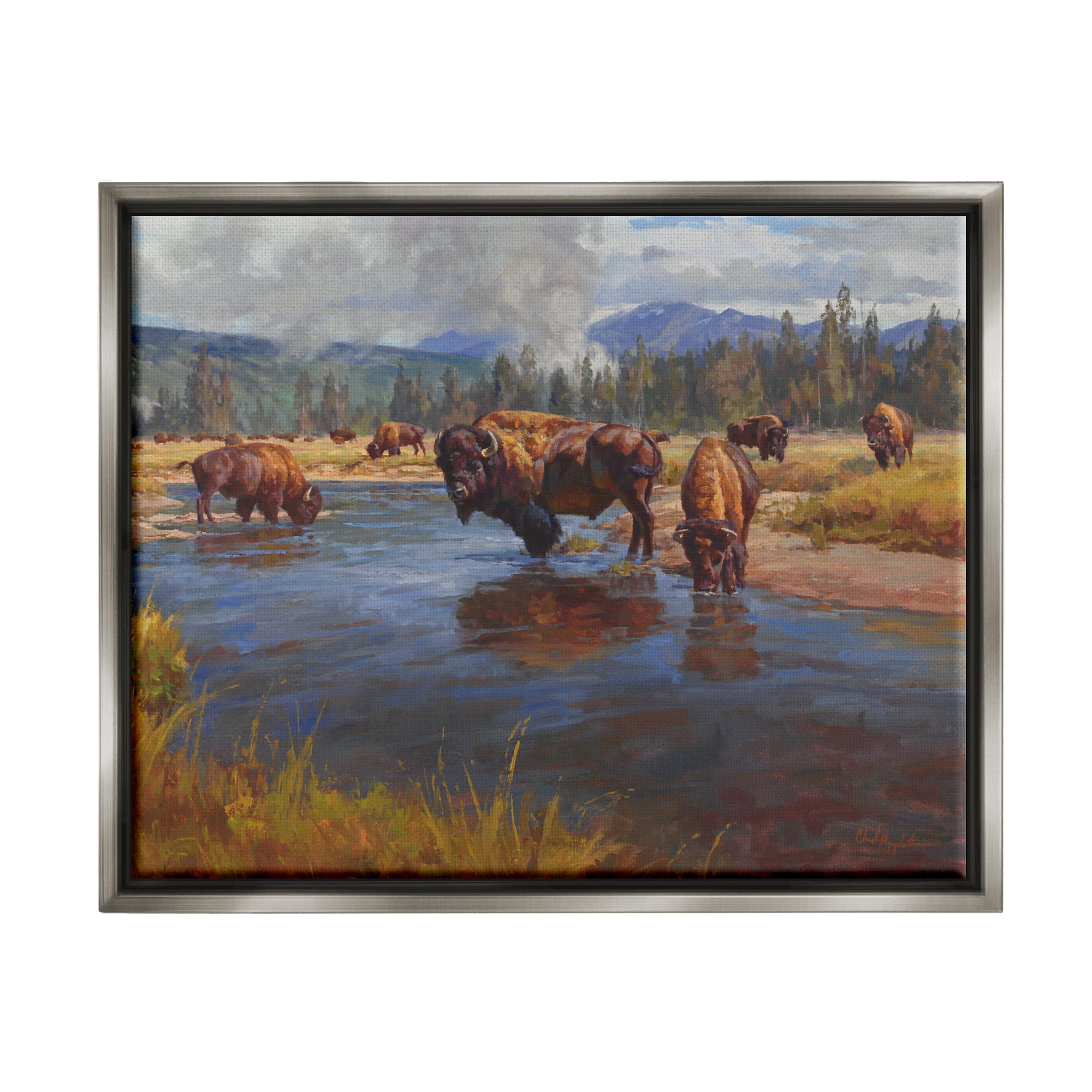 Stupell Industries Bison Herd by River Animals & Insects Painting Gray Floater Framed Art Print Wall Art, 21 x 17