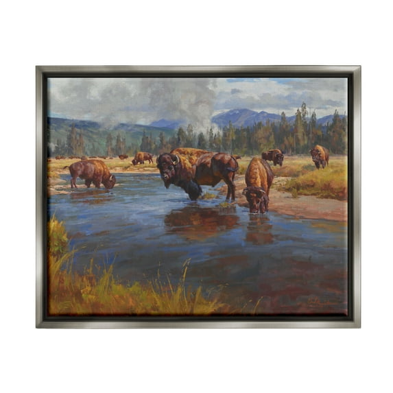 Stupell Industries Bison Herd by River Animals & Insects Painting Gray Floater Framed Art Print Wall Art, 31 x 25