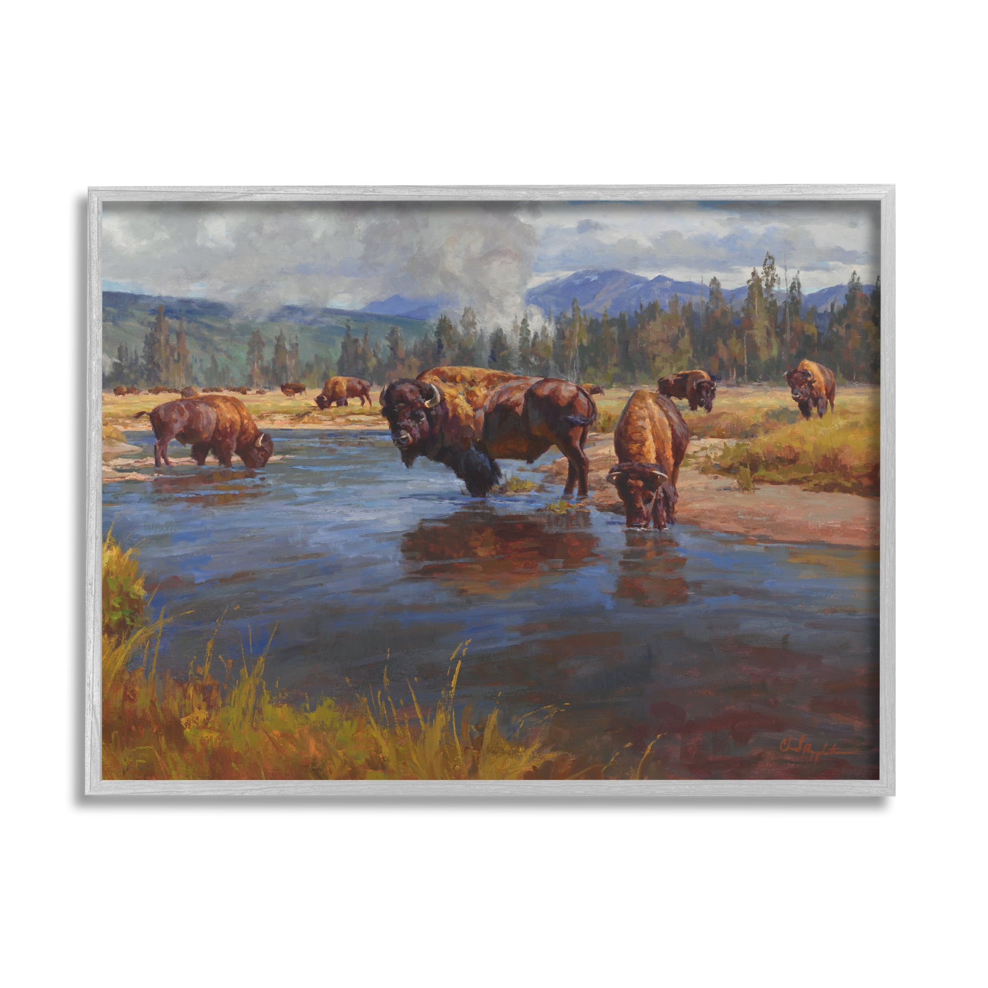 Stupell Industries Bison Herd by River Animals & Insects Painting Gray Framed Art Print Wall Art, 30 x 24