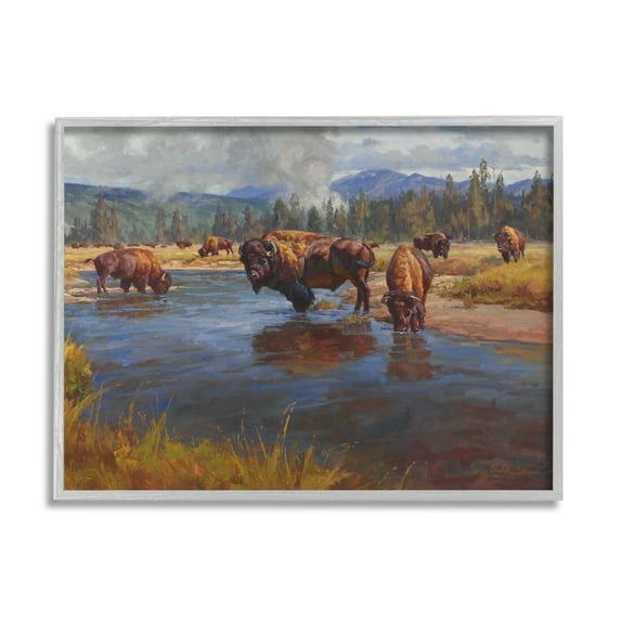 Stupell Industries Bison Herd by River Animals & Insects Painting Gray Framed Art Print Wall Art, 30 x 24