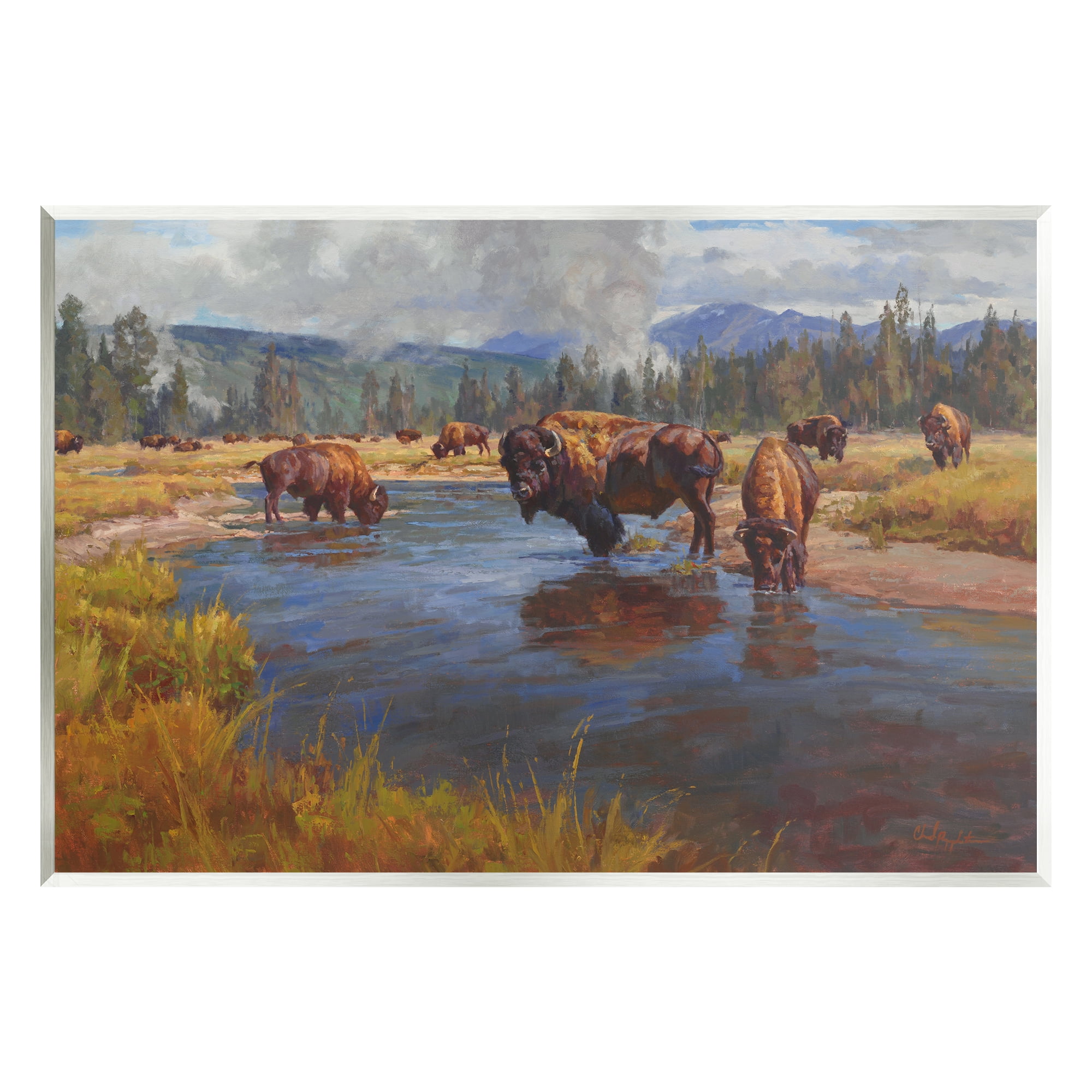Stupell Industries Bison Herd by River Animals & Insects Painting Unframed Art Print Wall Art, 19 x 13
