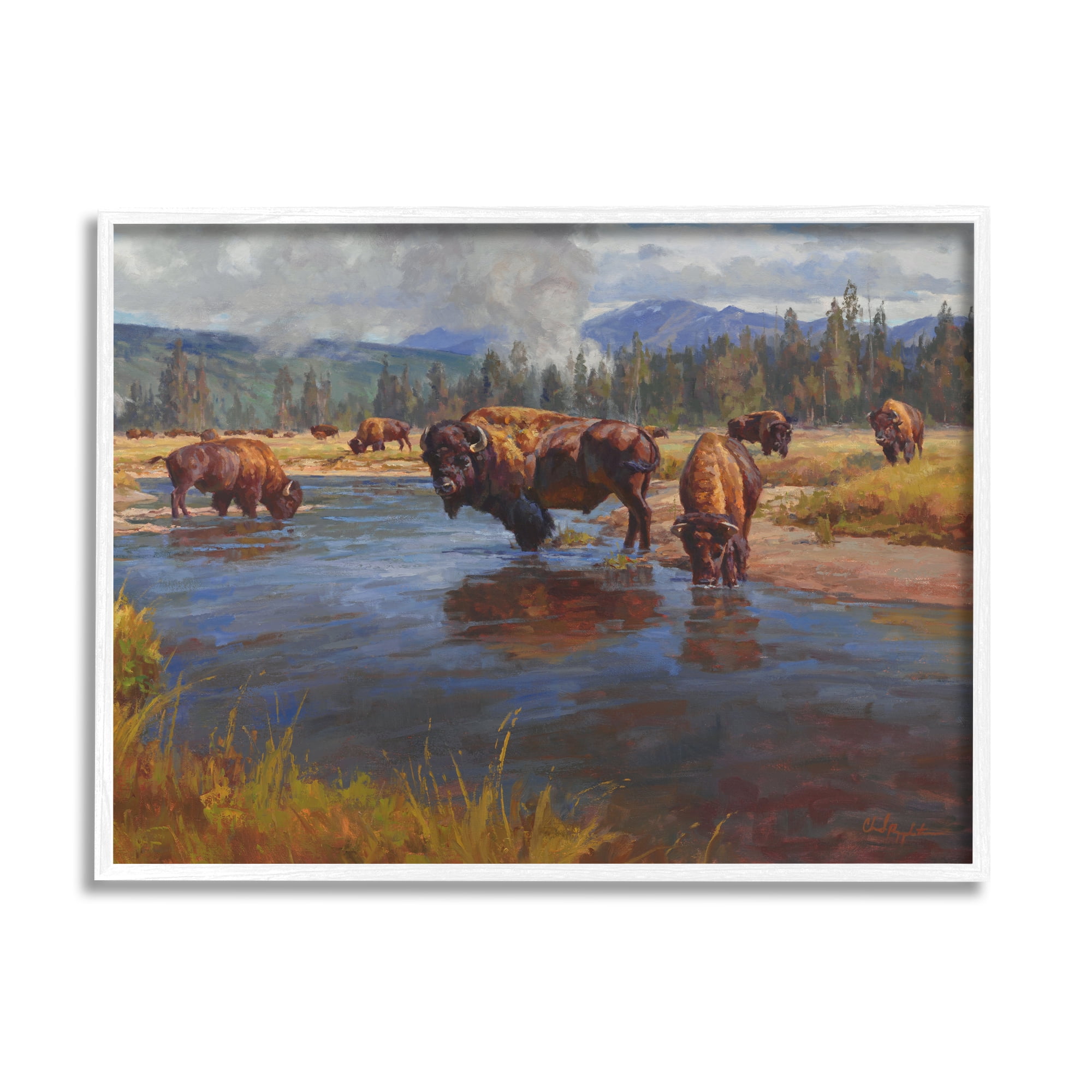 Stupell Industries Bison Herd by River Animals & Insects Painting White Framed Art Print Wall Art, 14 x 11