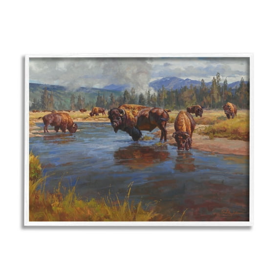 Stupell Industries Bison Herd by River Animals & Insects Painting White Framed Art Print Wall Art, 20 x 16