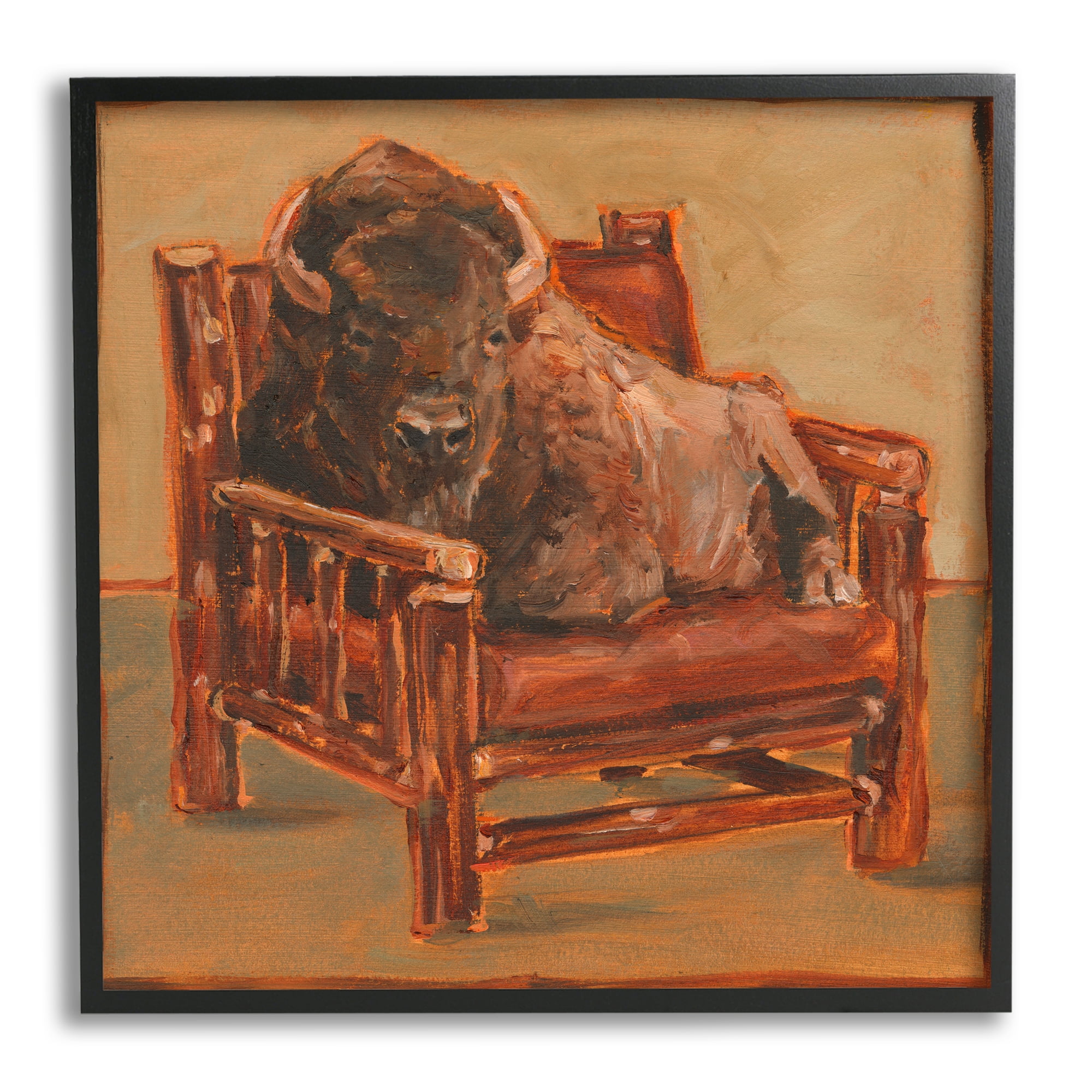 Stupell Industries Bison Lounging in Chair Animals & Insects Painting Black Framed Art Print Wall Art, 17 x 17