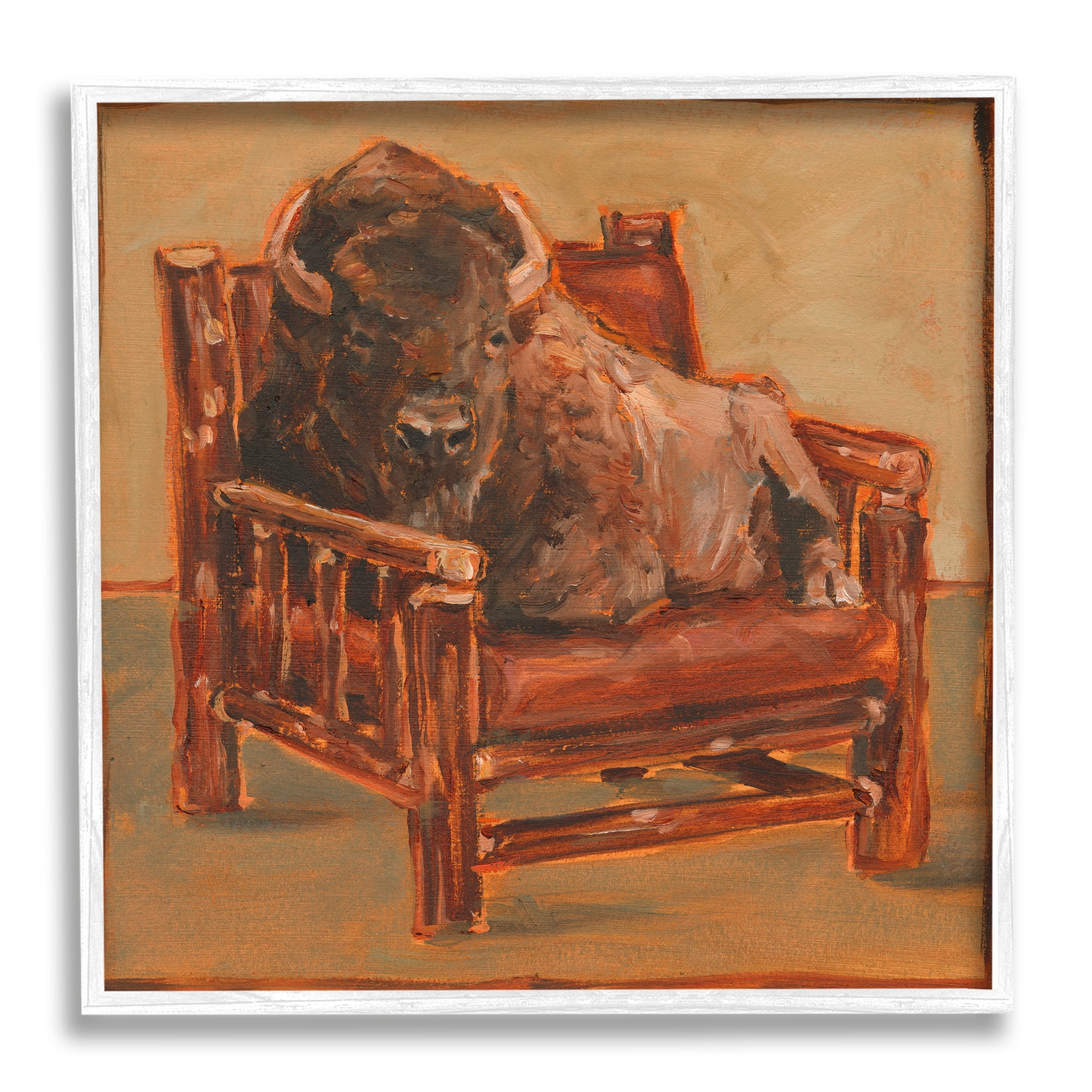 Stupell Industries Bison Lounging in Chair Animals & Insects Painting White Framed Art Print Wall Art, 17 x 17