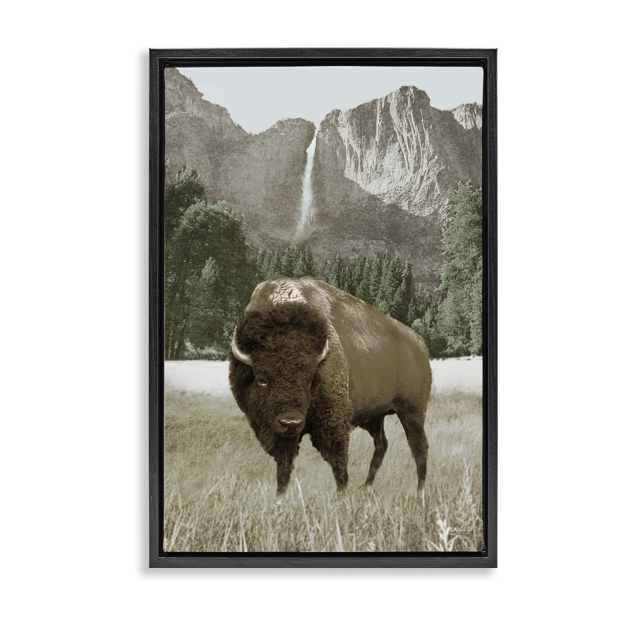 Stupell Industries Bison & Mountain Landscape Animals & Insects Photography Black Floater Framed Canvas Art Print Wall Art, 21 x 31