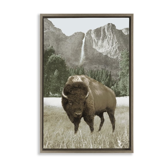 Stupell Industries Rustic Lodge Bison & Mountain Landscape Brown Floating Frame Canvas Art, 21 x 31, by Dan Meneely