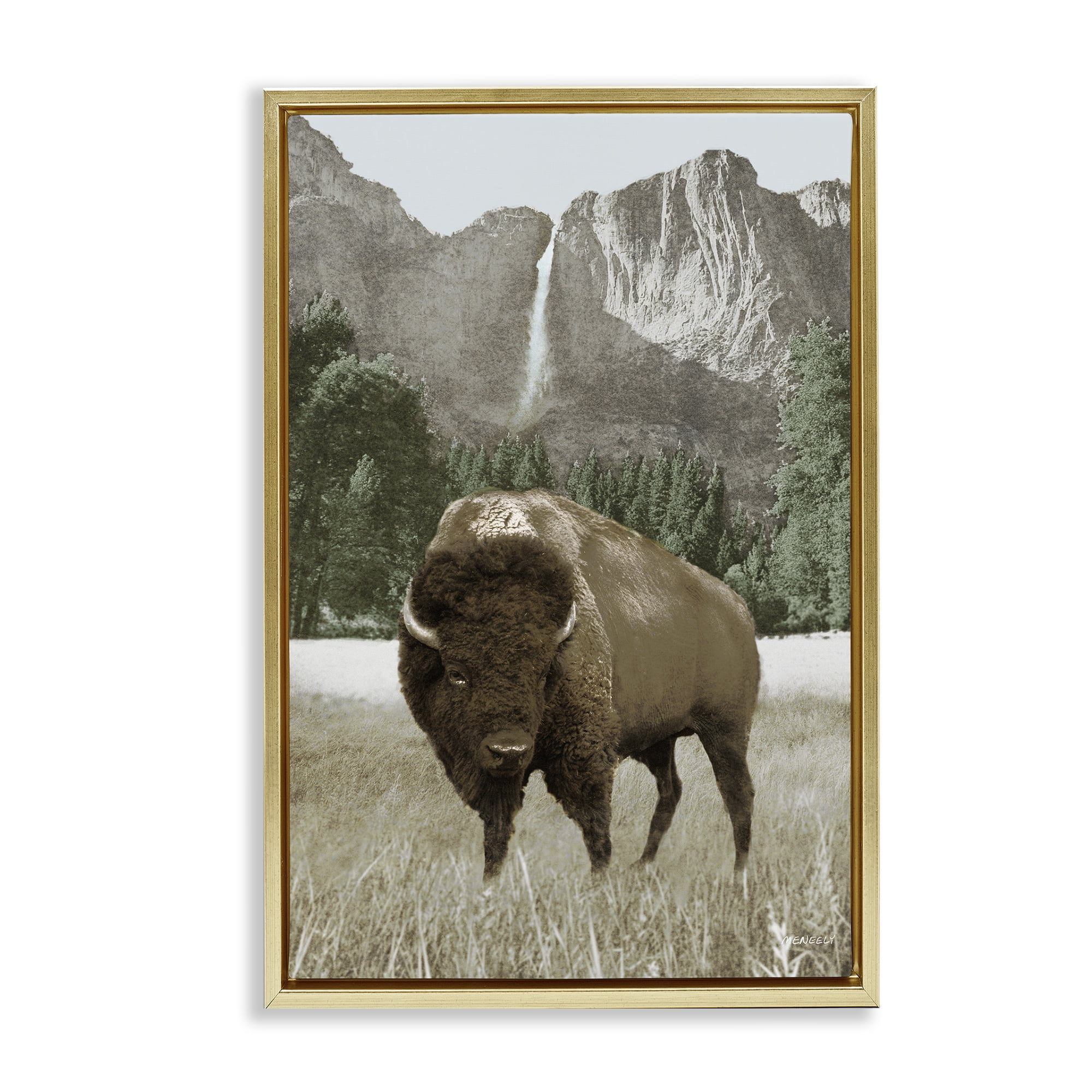 Stupell Industries Bison & Mountain Landscape Animals & Insects Photography Gold Floater Framed Canvas Art Print Wall Art, 21 x 31