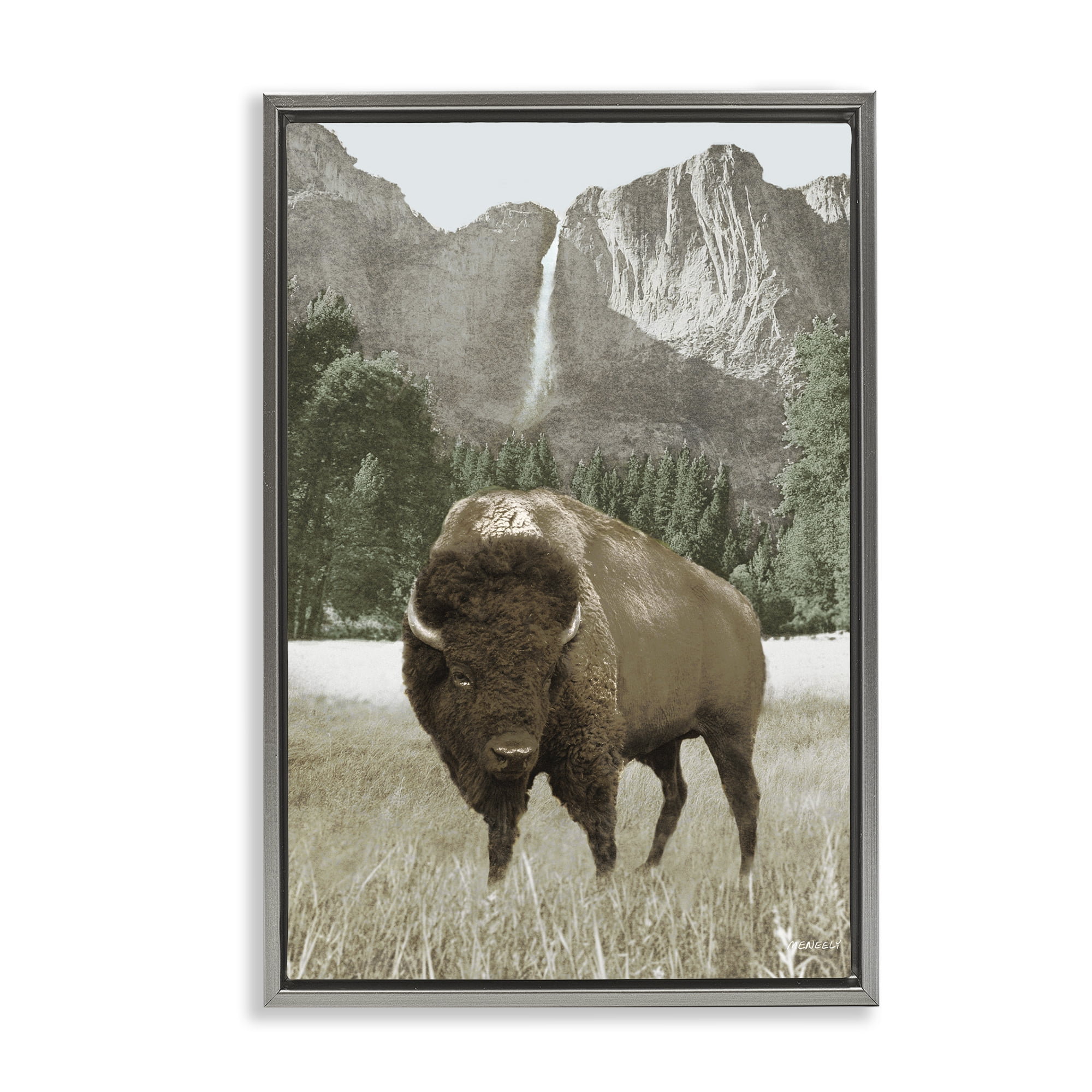 Stupell Industries Bison & Mountain Landscape Animals & Insects Photography Gray Floater Framed Canvas Art Print Wall Art, 21 x 31