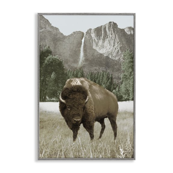 Stupell Industries Rustic Lodge Bison & Mountain Landscape Gray Framed Giclee Art, 12 x 18, by Dan Meneely
