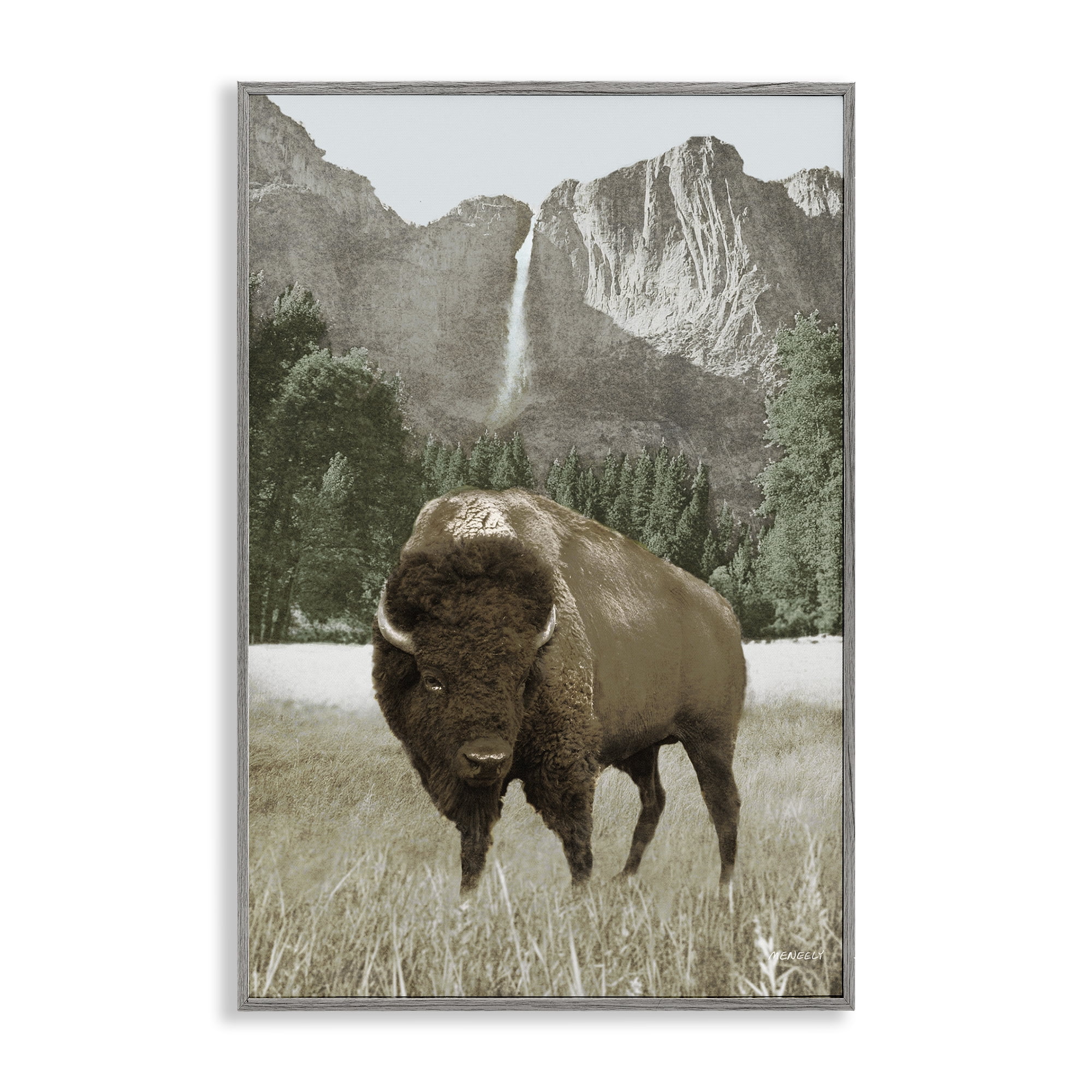 Stupell Industries Bison & Mountain Landscape Animals & Insects Photography Gray Framed Art Print Wall Art, 16 x 24