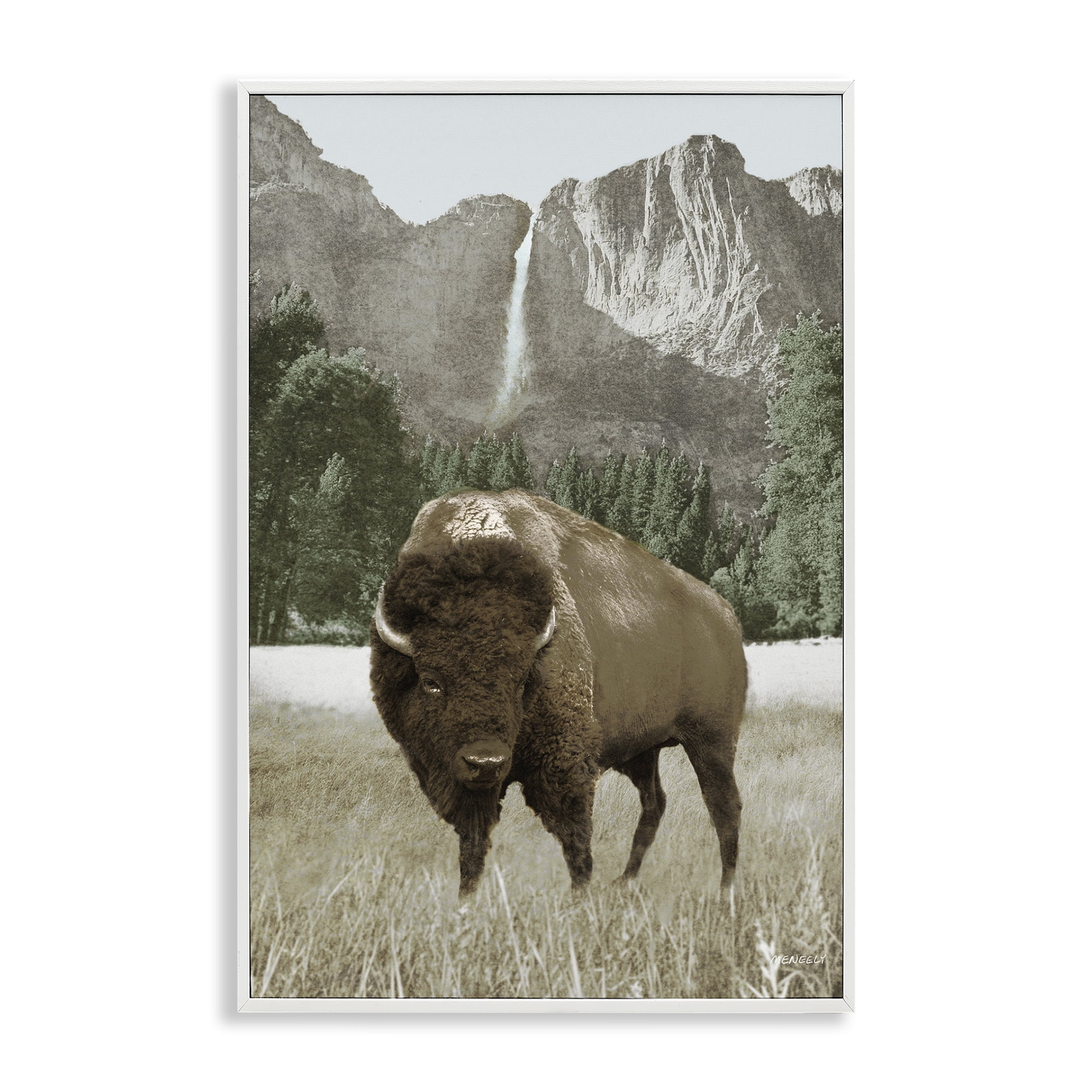 Stupell Industries Bison & Mountain Landscape Animals & Insects Photography White Framed Art Print Wall Art, 16 x 24