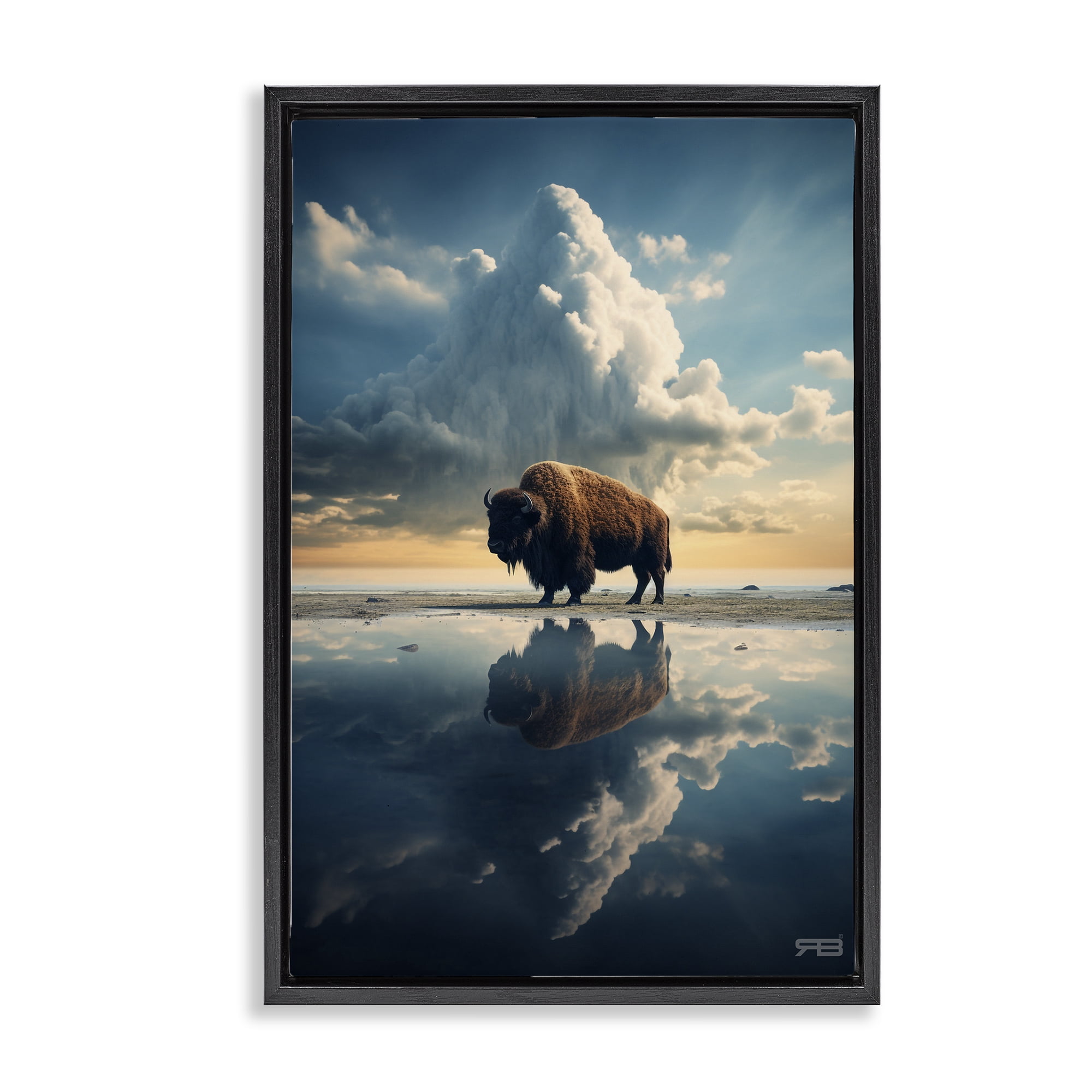 Stupell Industries Bison & Reflective Clouds Landscape Painting Black Floater Framed Art Print Wall Art, 21 x 31