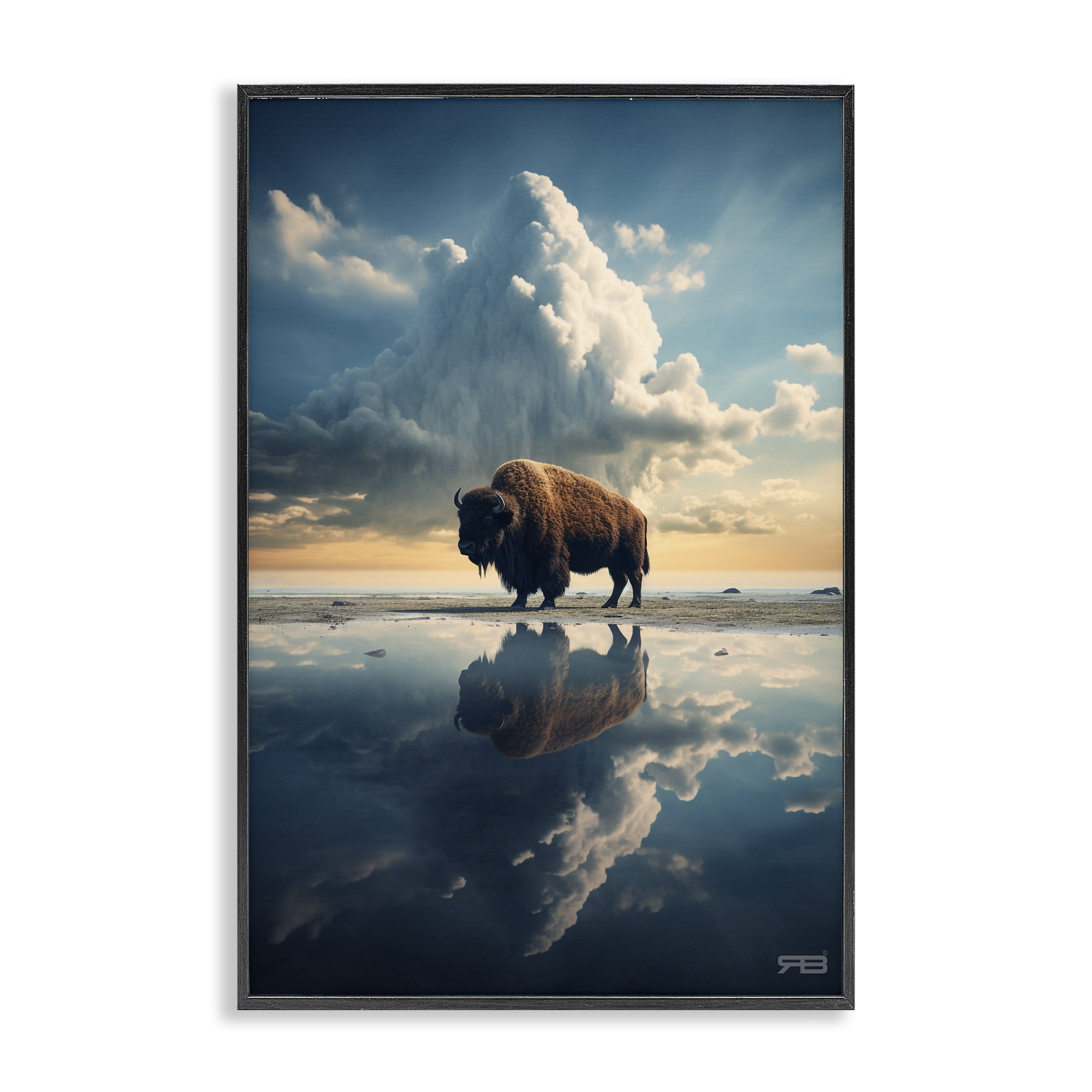 Stupell Industries Bison & Reflective Clouds Landscape Painting Black Framed Art Print Wall Art, 12 x 18