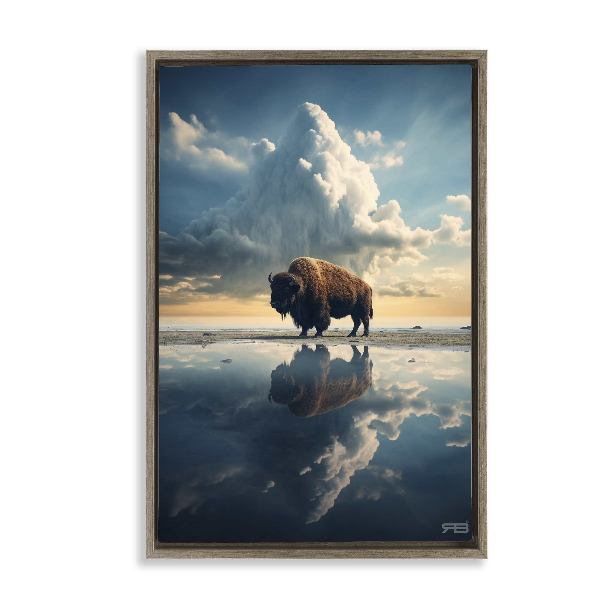 Stupell Industries Bison & Reflective Clouds Landscape Painting Brown Floater Framed Art Print Wall Art, 21 x 31