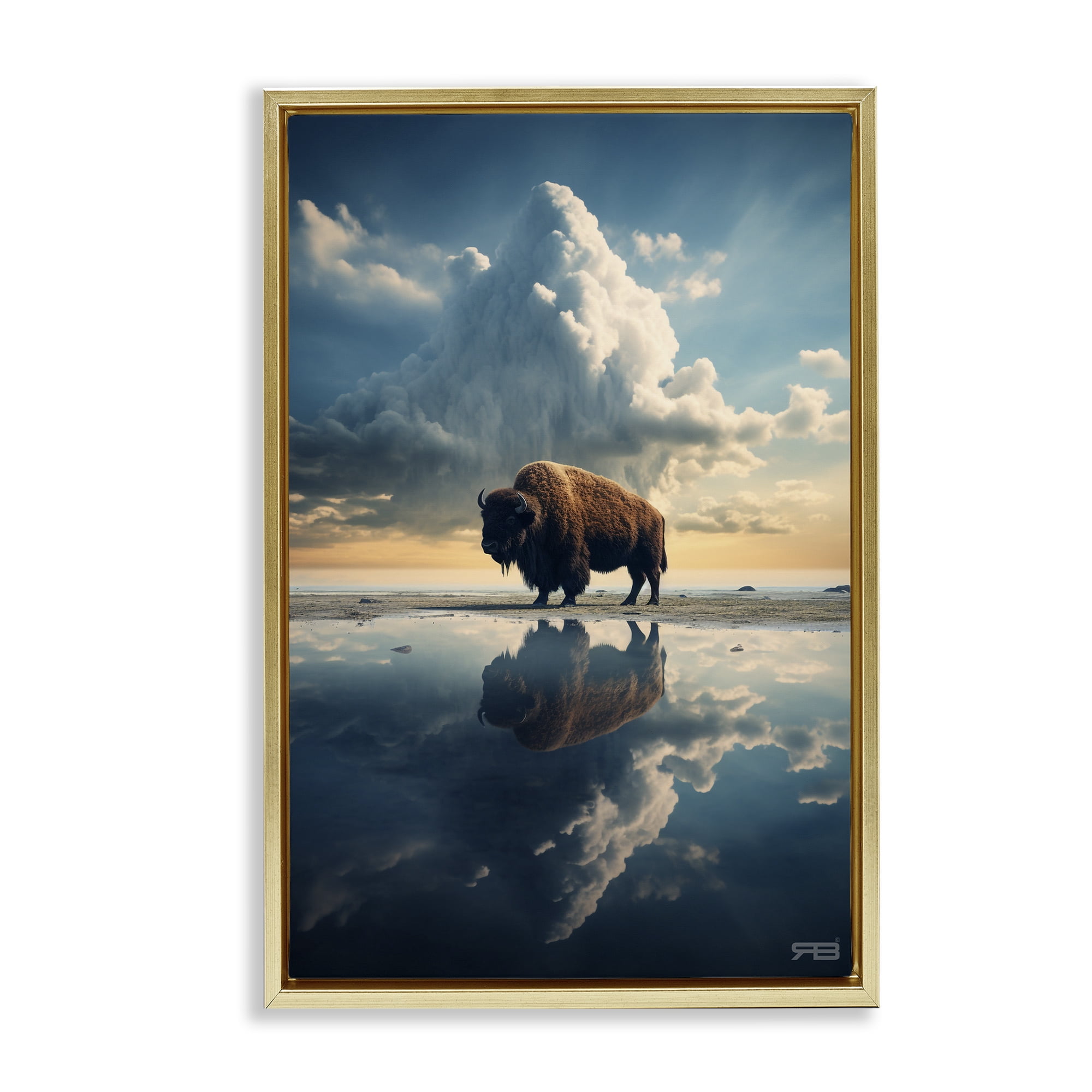 Stupell Industries Bison & Reflective Clouds Landscape Painting Gold Floater Framed Art Print Wall Art, 17 x 25