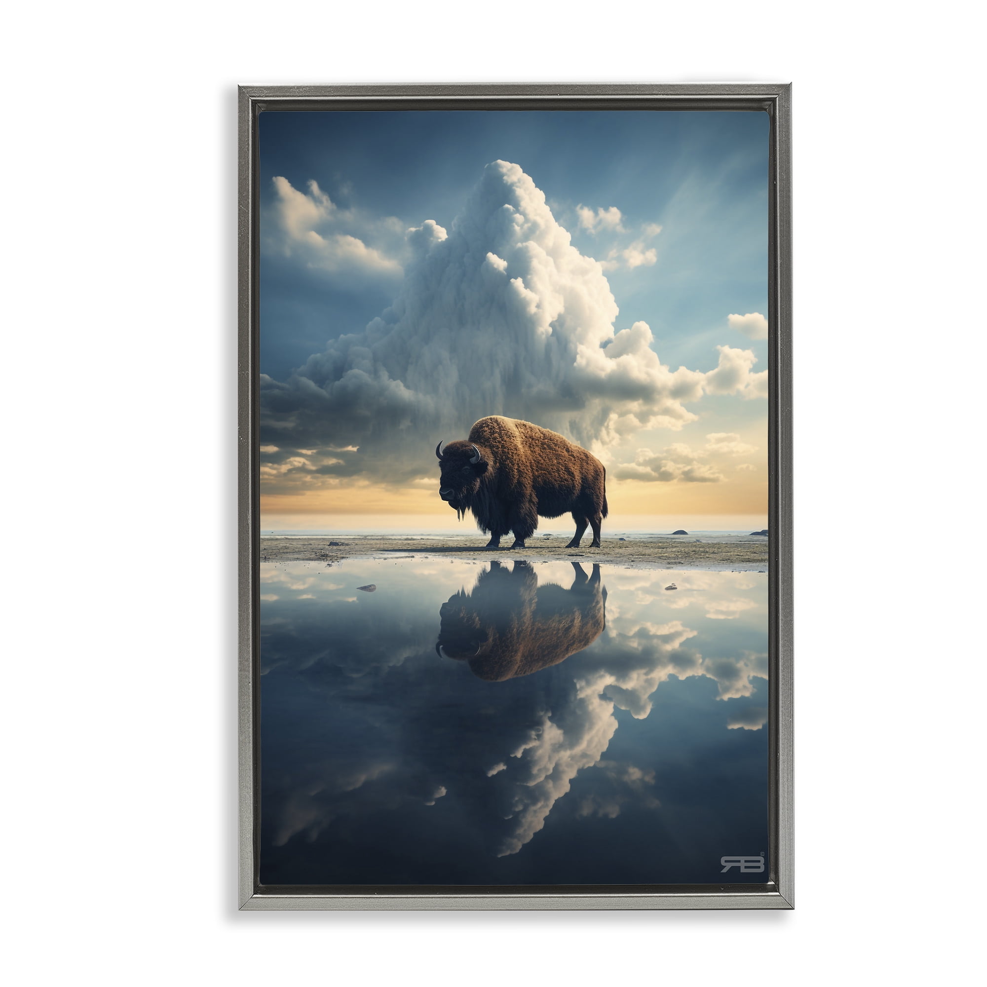 Stupell Industries Bison & Reflective Clouds Landscape Painting Gray Floater Framed Art Print Wall Art, 17 x 25