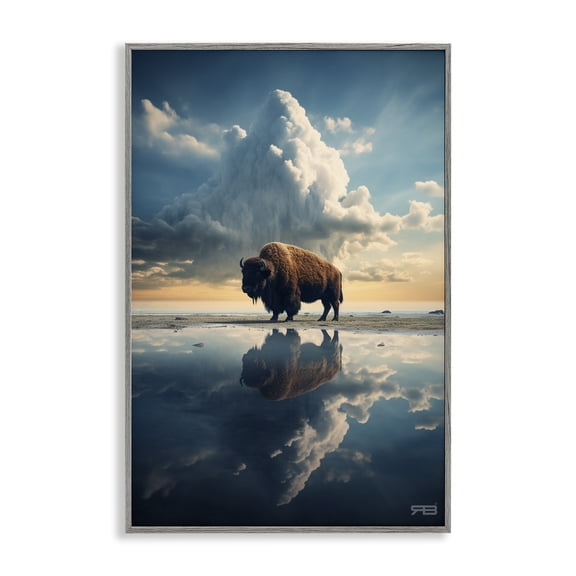 Stupell Industries Bison & Reflective Clouds Landscape Painting Gray Framed Art Print Wall Art, 16 x 24