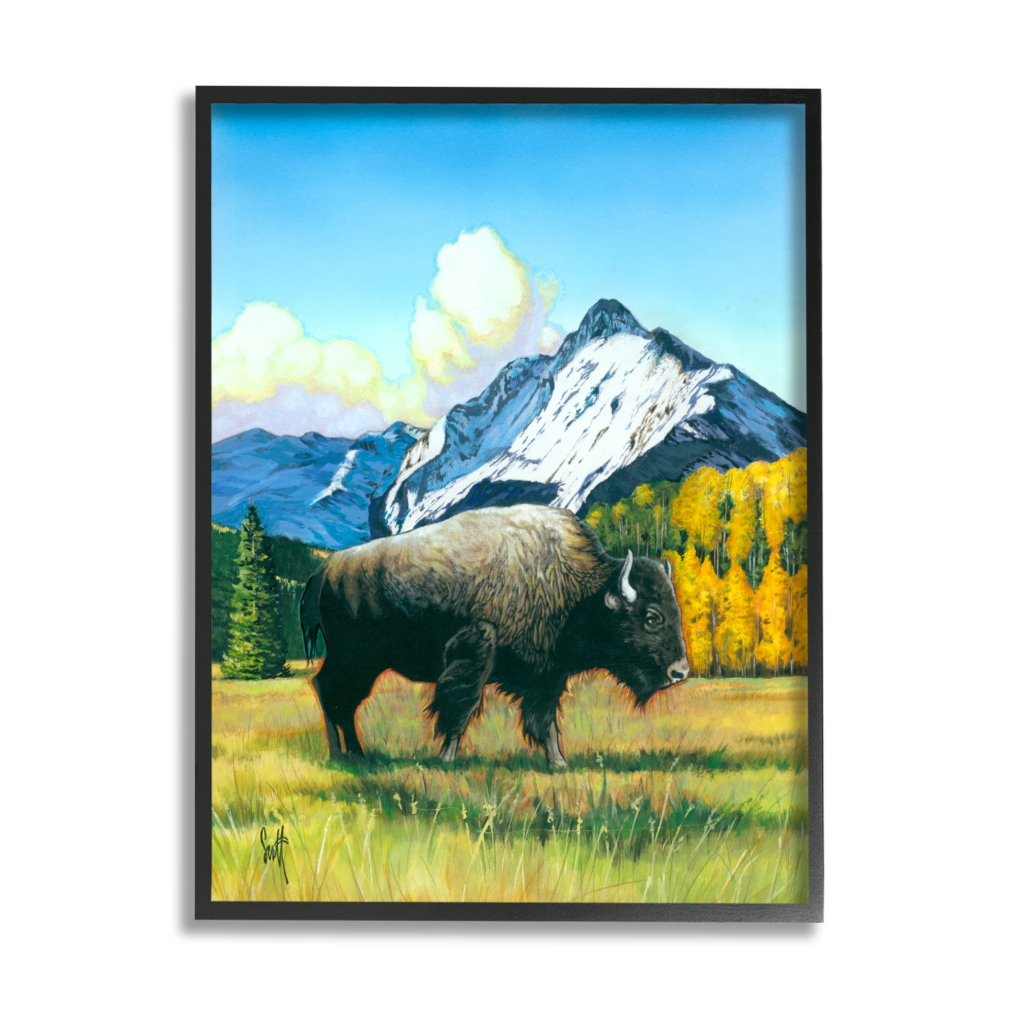 Stupell Industries Bison Rural Mountain Painting Animals & Insects Painting Black Framed Art Print Wall Art, 24 x 30