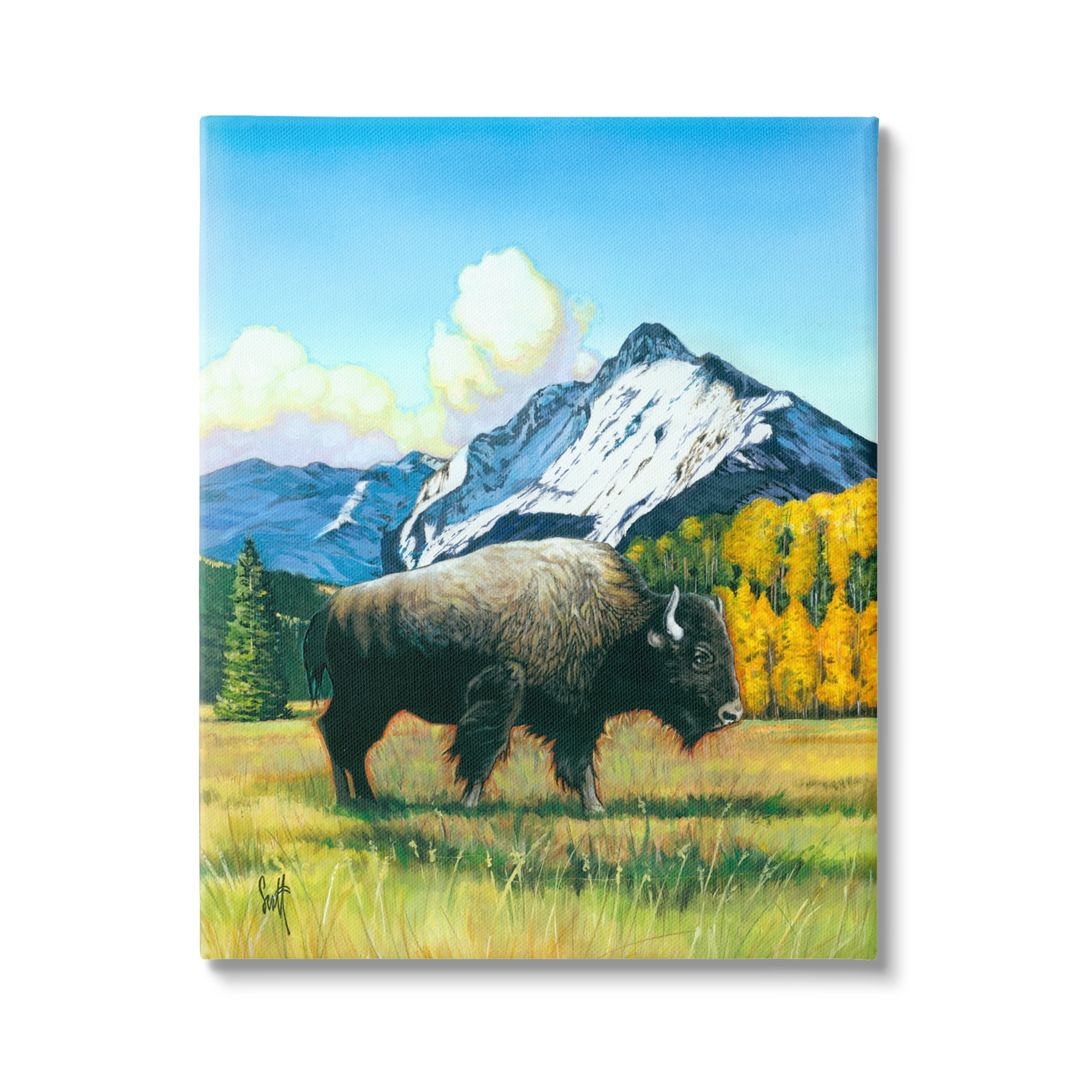 Stupell Industries Bison Rural Mountain Painting Animals & Insects Painting Gallery Wrapped Canvas Print Wall Art, 30 x 40