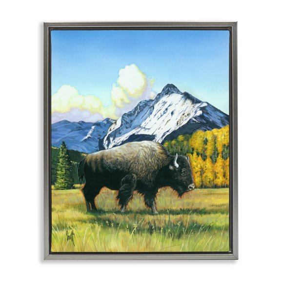 Stupell Industries Rustic Lodge Bison Rural Mountain Gray Floating Frame Canvas Art, 25 x 31, by Scott Westmoreland
