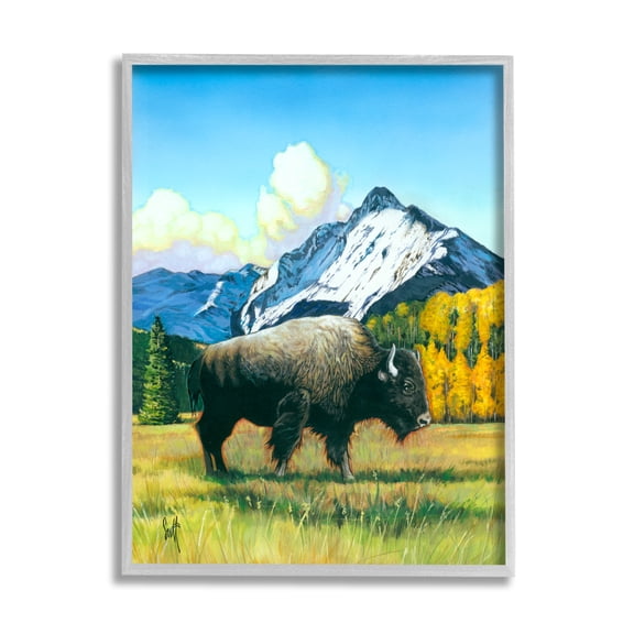Stupell Industries Bison Rural Mountain Painting Animals & Insects Painting Gray Framed Art Print Wall Art, 24 x 30
