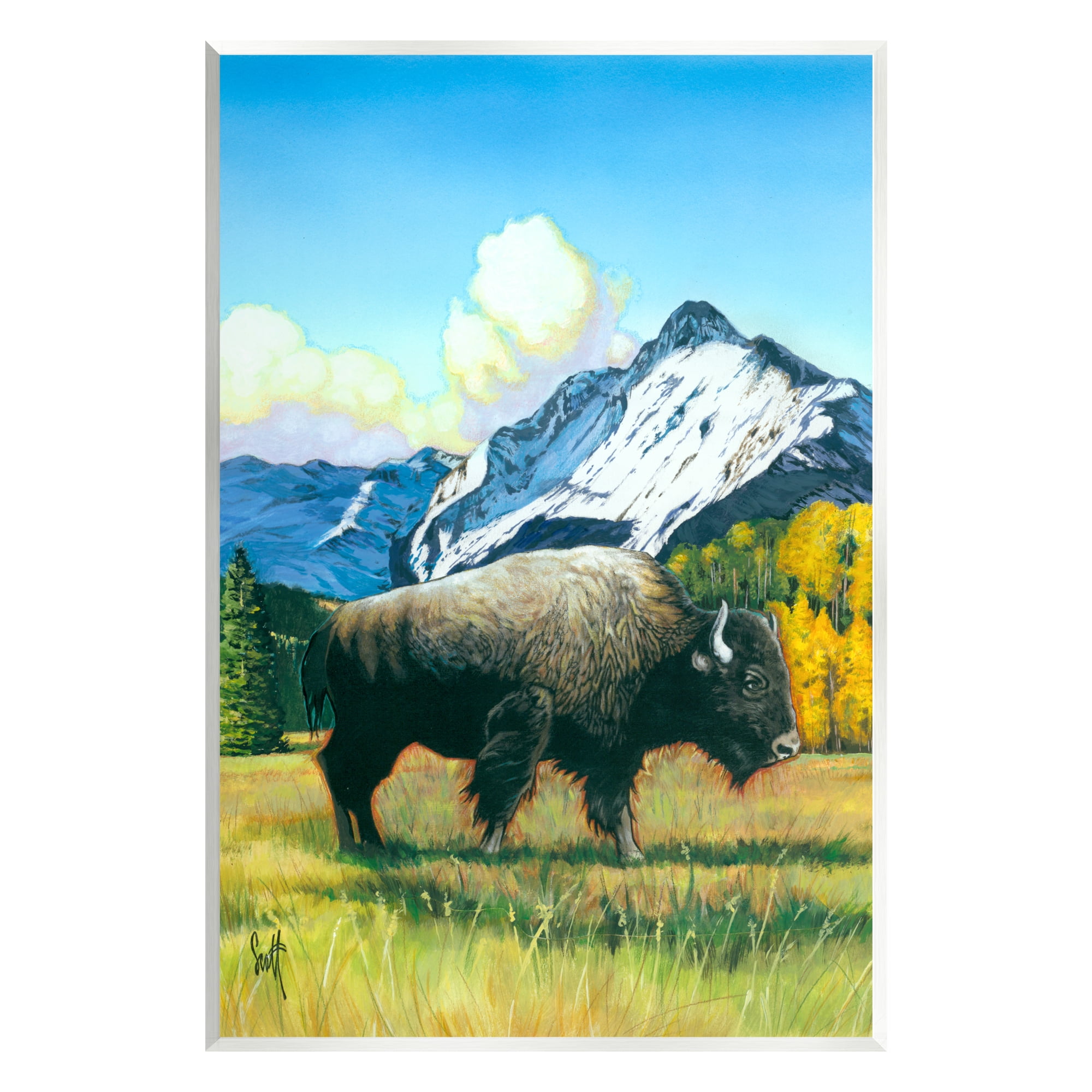 Stupell Industries Bison Rural Mountain Painting Animals & Insects Painting Unframed Art Print Wall Art, 10 x 15