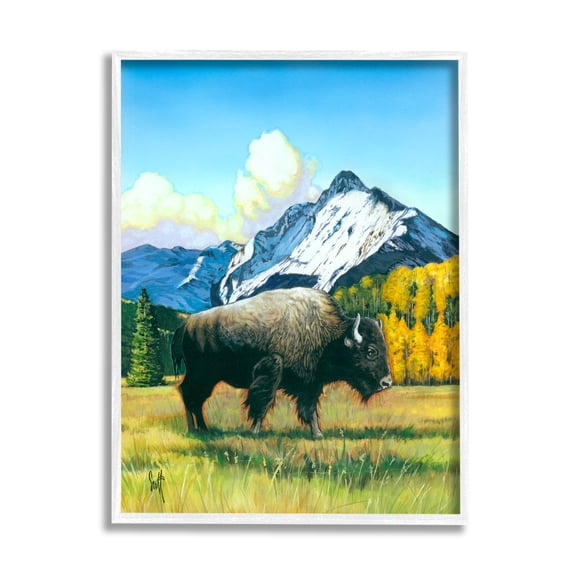 Stupell Industries Bison Rural Mountain Painting Animals & Insects Painting White Framed Art Print Wall Art, 11 x 14